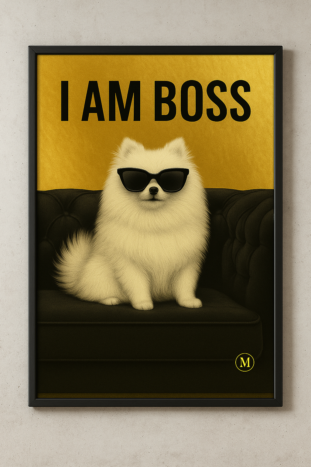 White pomeranian with black sunglasses sitting on a black velvet sofa, golden background, with quote “I AM BOSS” – stylish digital art print