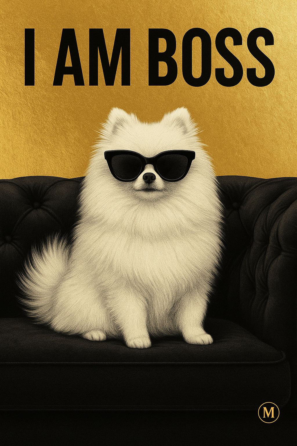White pomeranian with black sunglasses sitting on a black velvet sofa, golden background, with quote “I AM BOSS” – stylish digital art print