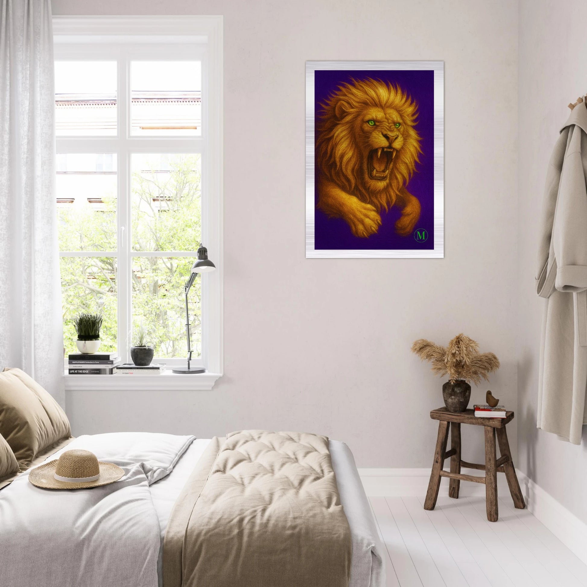 wild golden lion brushed aluminum wall art- high-end wildlife metal print by MATCH Wall Art