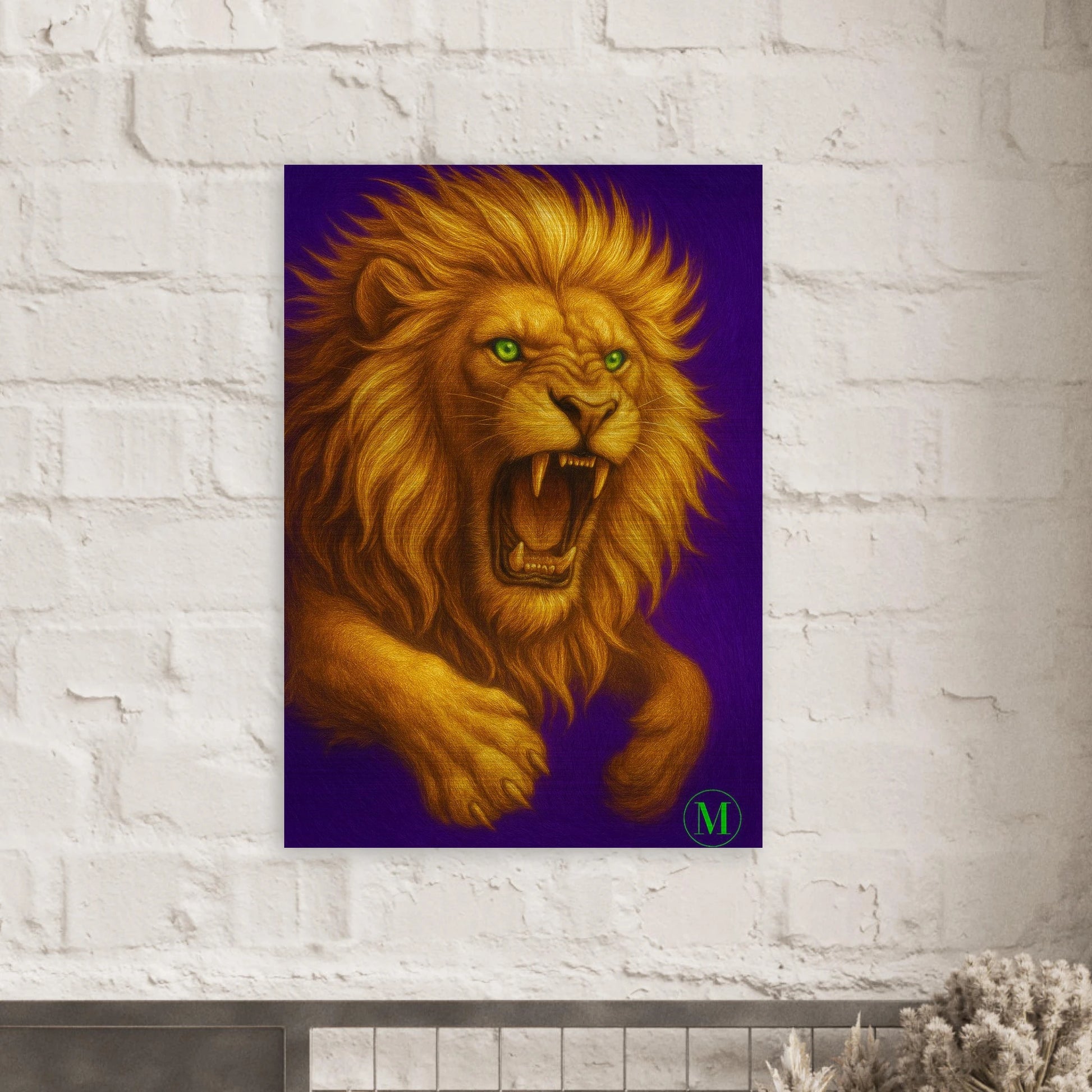 golden lion brushed aluminum wall art- high-end wildlife metal print by MATCH Wall Art luxury