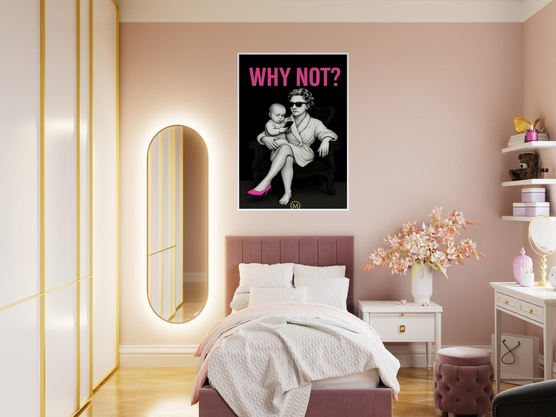 pink stilettos with bold quote woman sitting in a chair with baby above pink bed