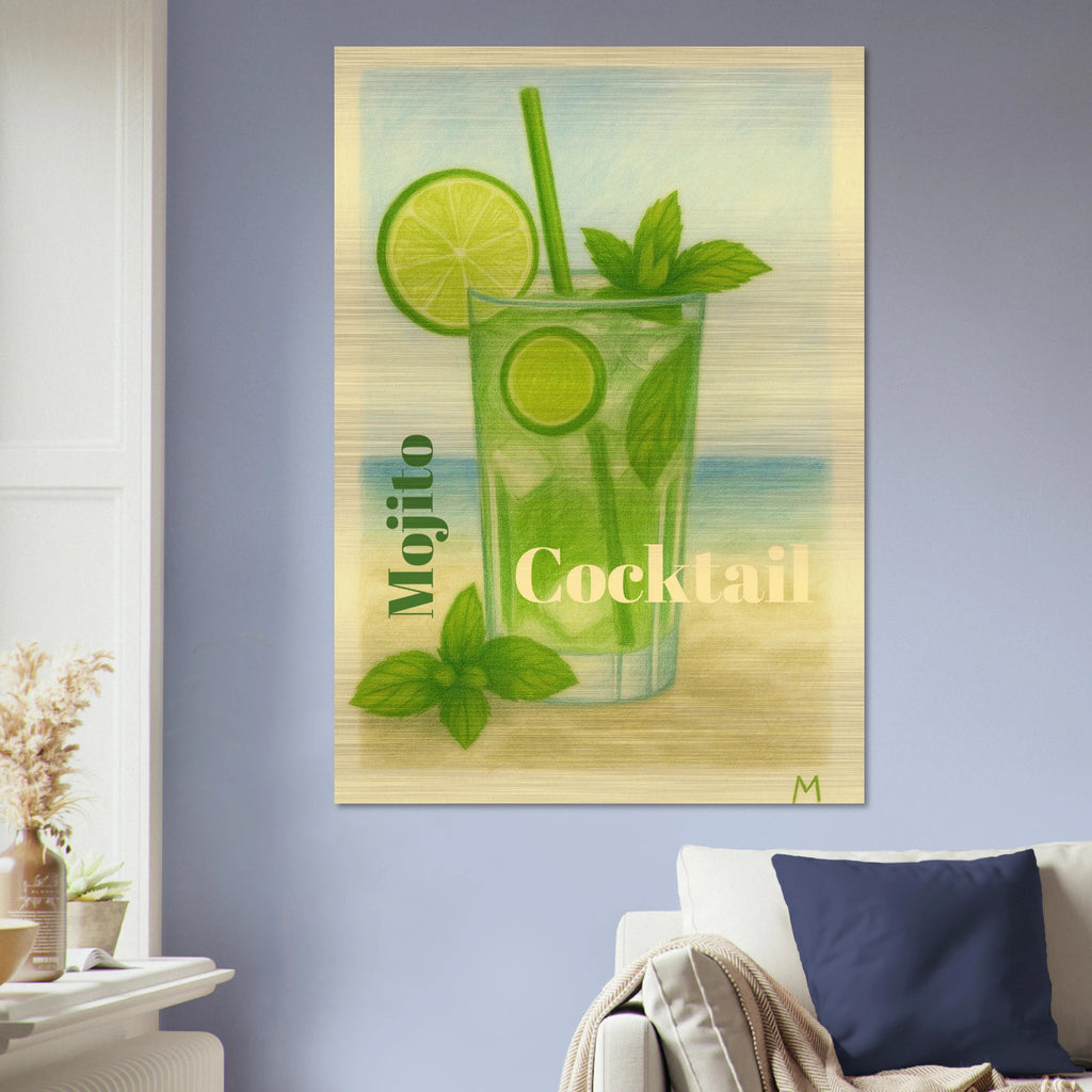 mojito cocktail with lime on blue wall on brushed aluminium in vintage pastel style