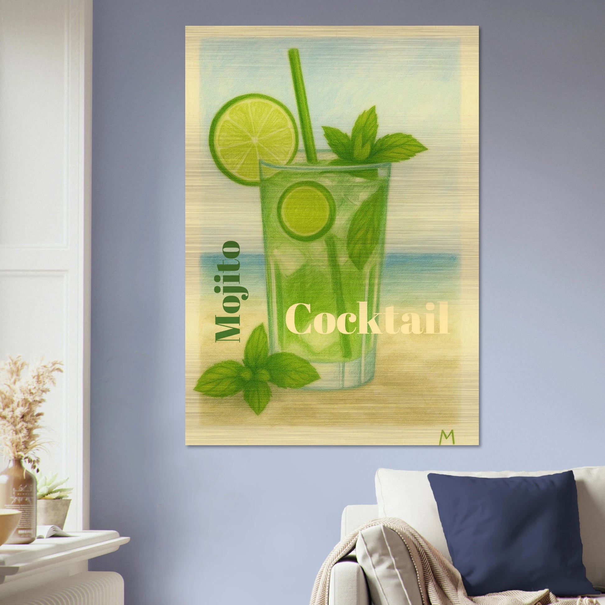 mojito cocktail with lime on blue wall on brushed aluminium in vintage pastel style