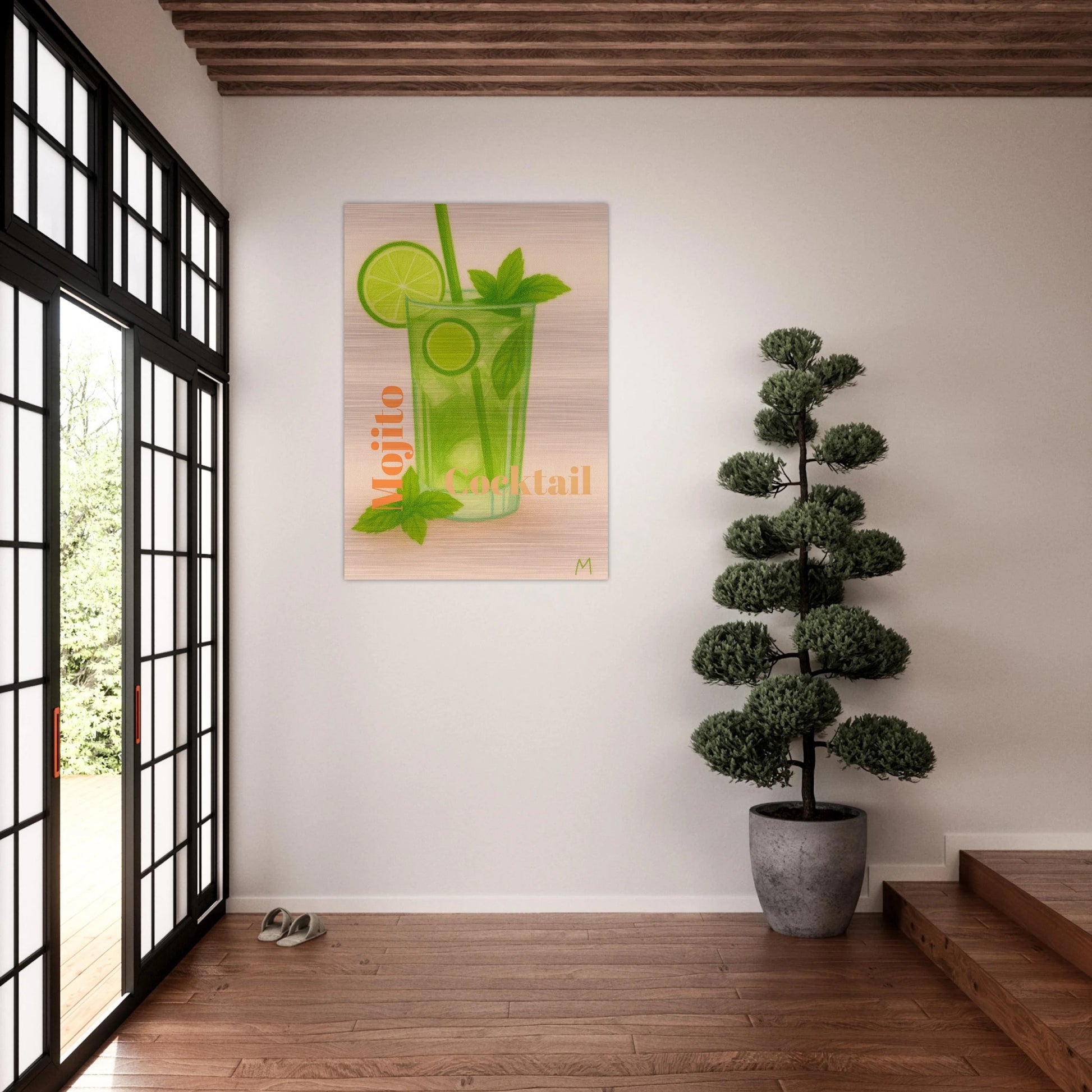 Refreshing mojito cocktail pink in hall with lime and mint on brushed aluminium in vintage pastel style