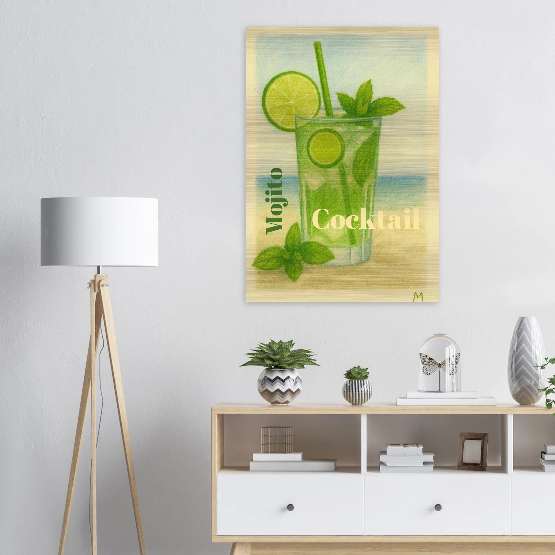 Vintage mojito cocktail with lime and mint on brushed aluminium in vintage pastel style
