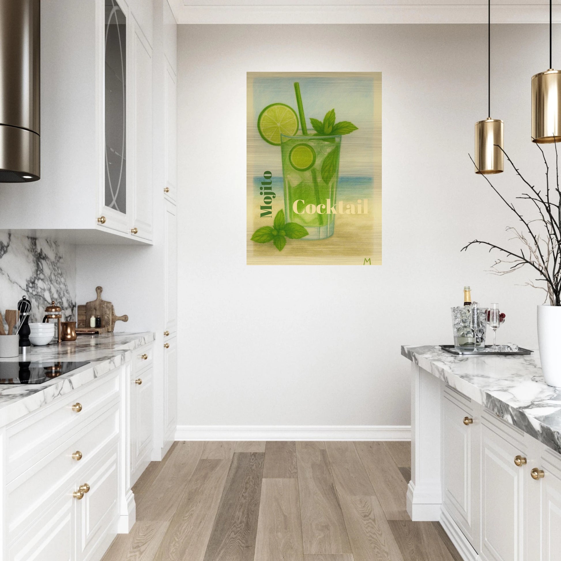 mojito cocktail with lime and mint in kitchen on brushed aluminium in vintage