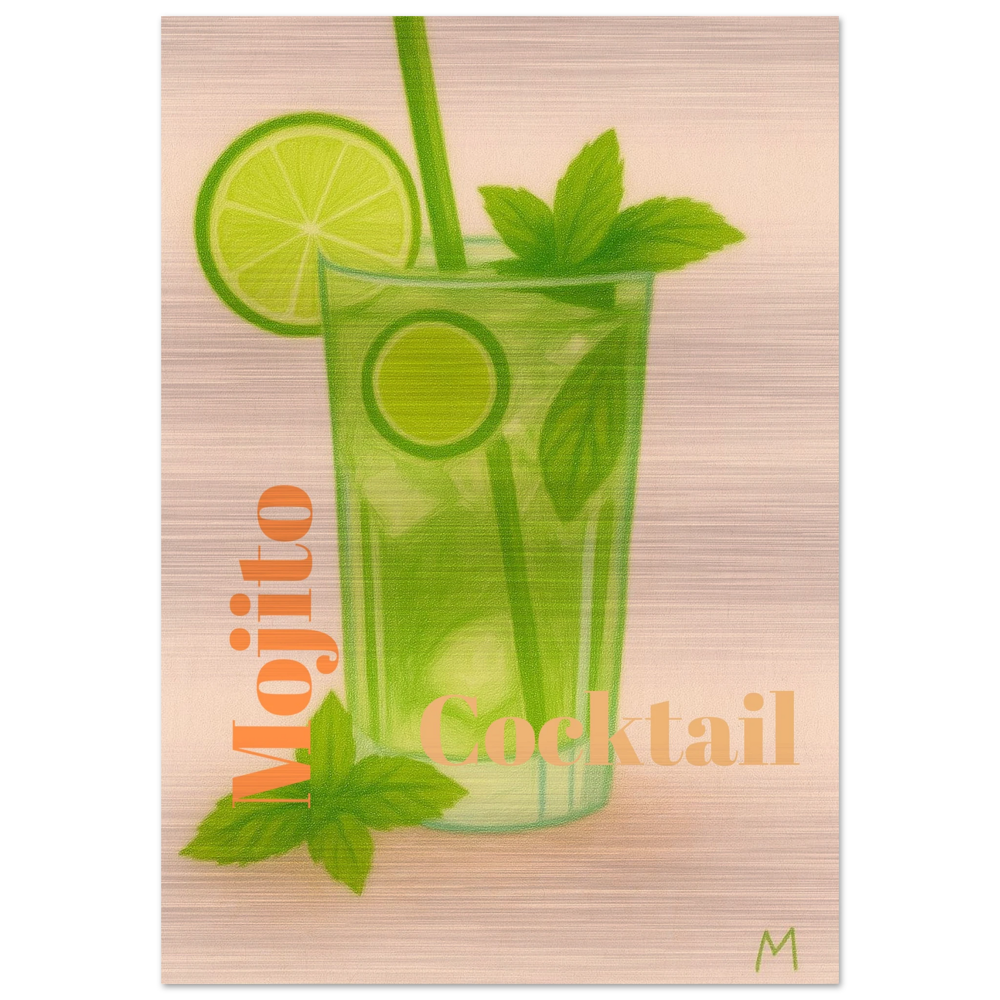 mojito cocktail with pink metal and mint on brushed aluminium in vintage pastel style