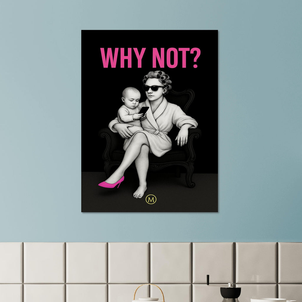 poster of a mom with baby playing with phone sitting on a chair 