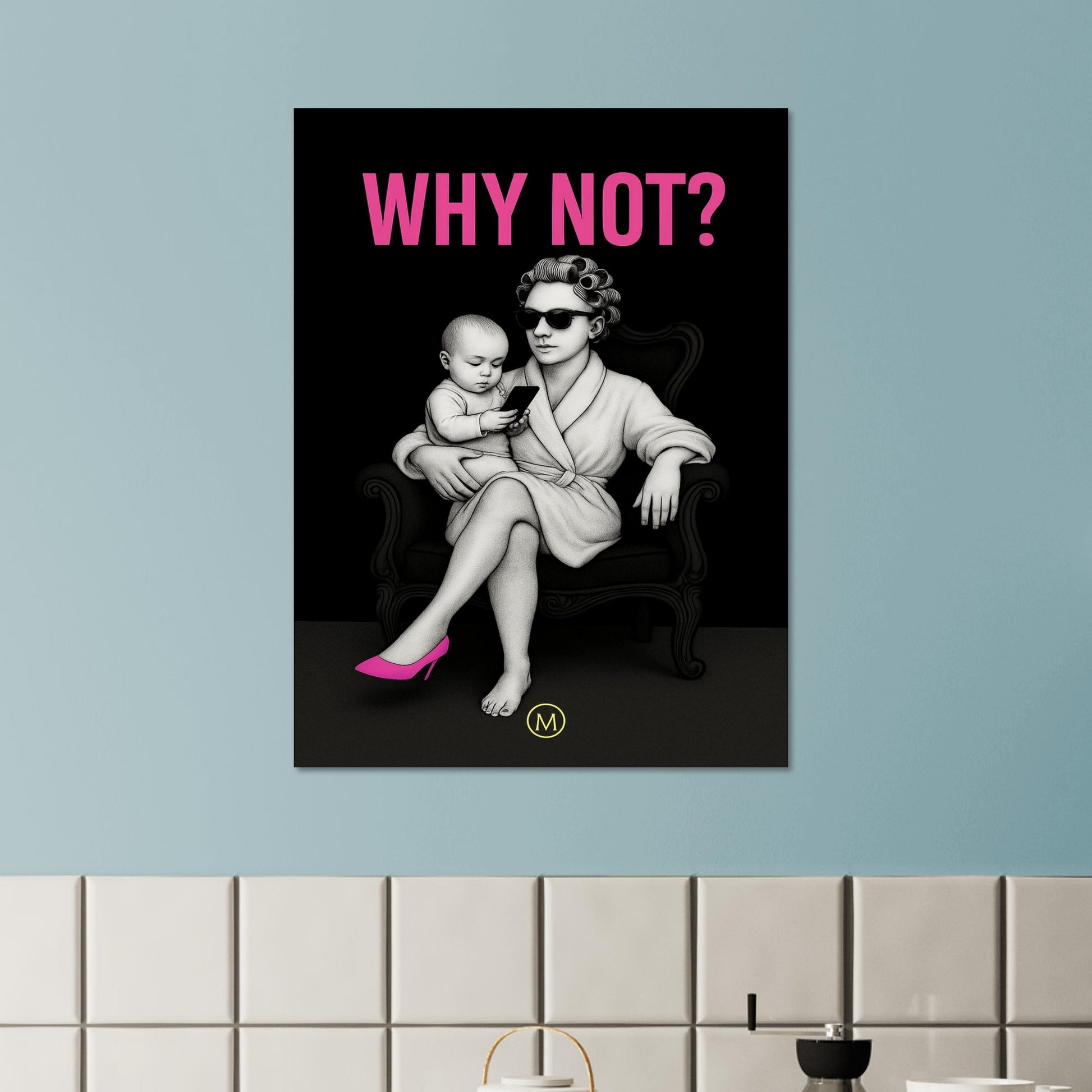 poster of a mom with baby playing with phone sitting on a chair 