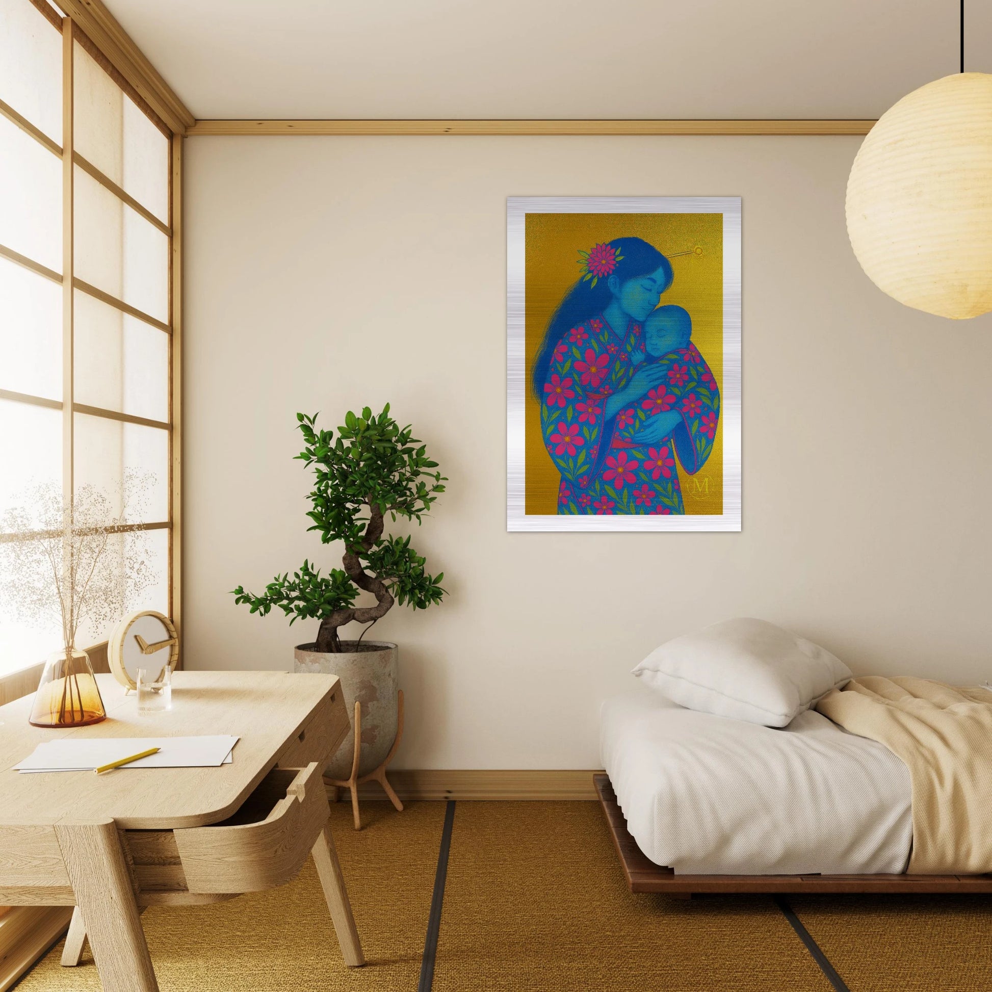 Mother and Child Geisha – Gold Background Neon Floral Poster
Heartwarming Geisha mother holding child, hanging in bedroom printed on brushed aluminum with a gold metallic background.
