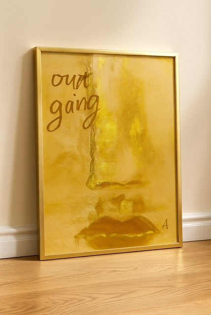 Poster print titled OUT GOING – textured beige and gold close-up from original painting. Bold and stylish wall art by MATCH Wall Art.

