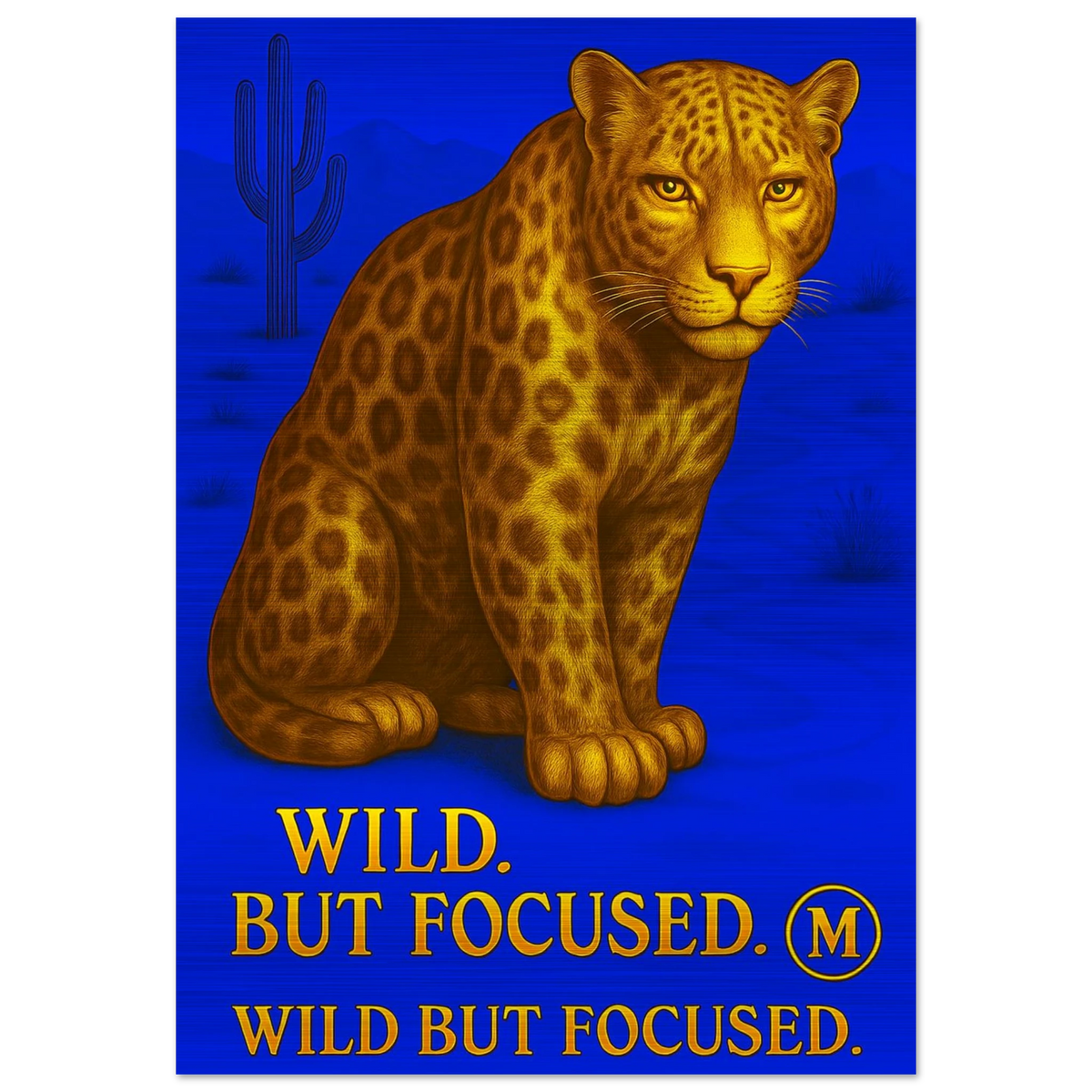 Fierce gold panther poster with the quote wild but focused. Stylish wall art from Match Wall Art brushed aluminum