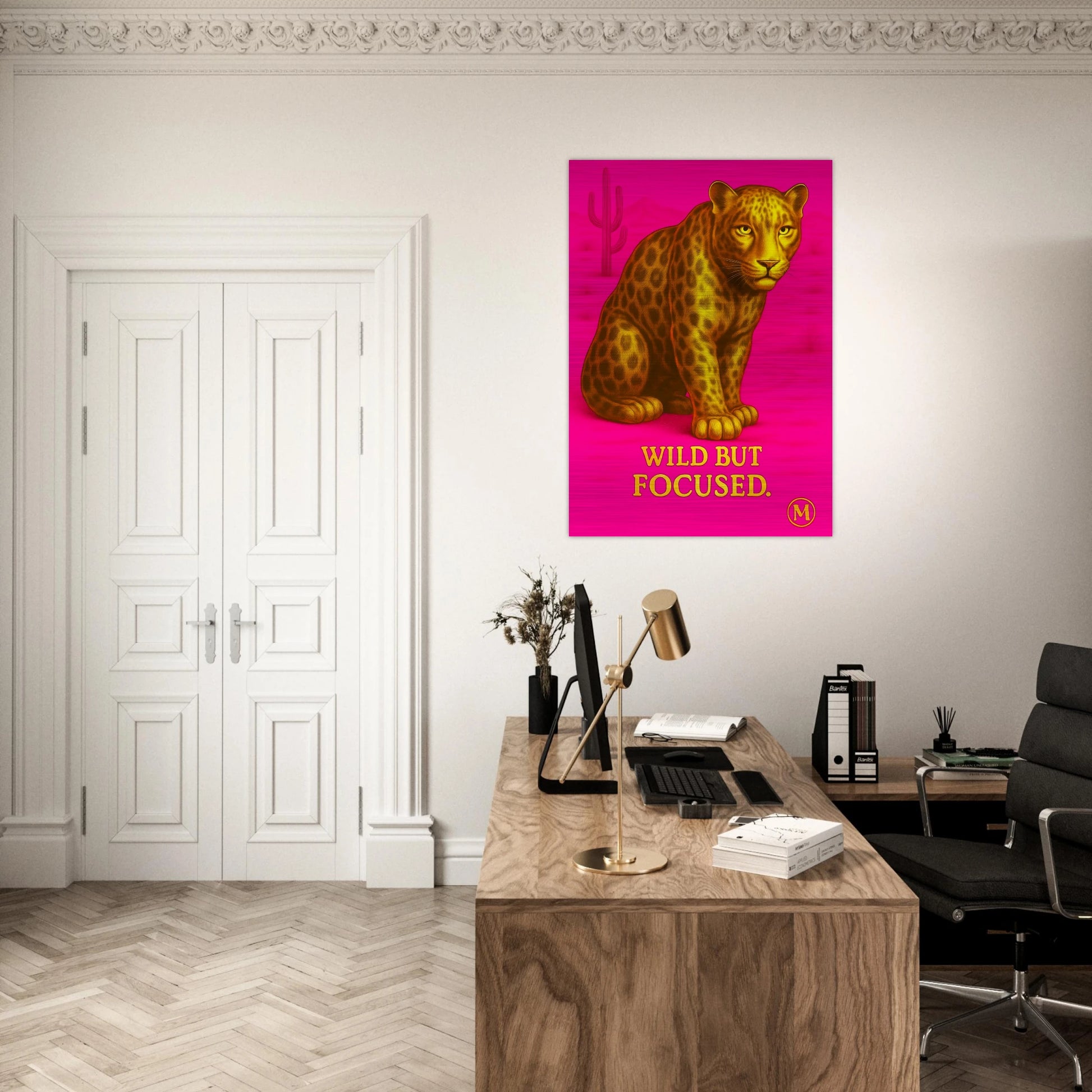 bold gold pink panther poster with the quote wild but focused. Stylish wall brushed aluminum from match wall art