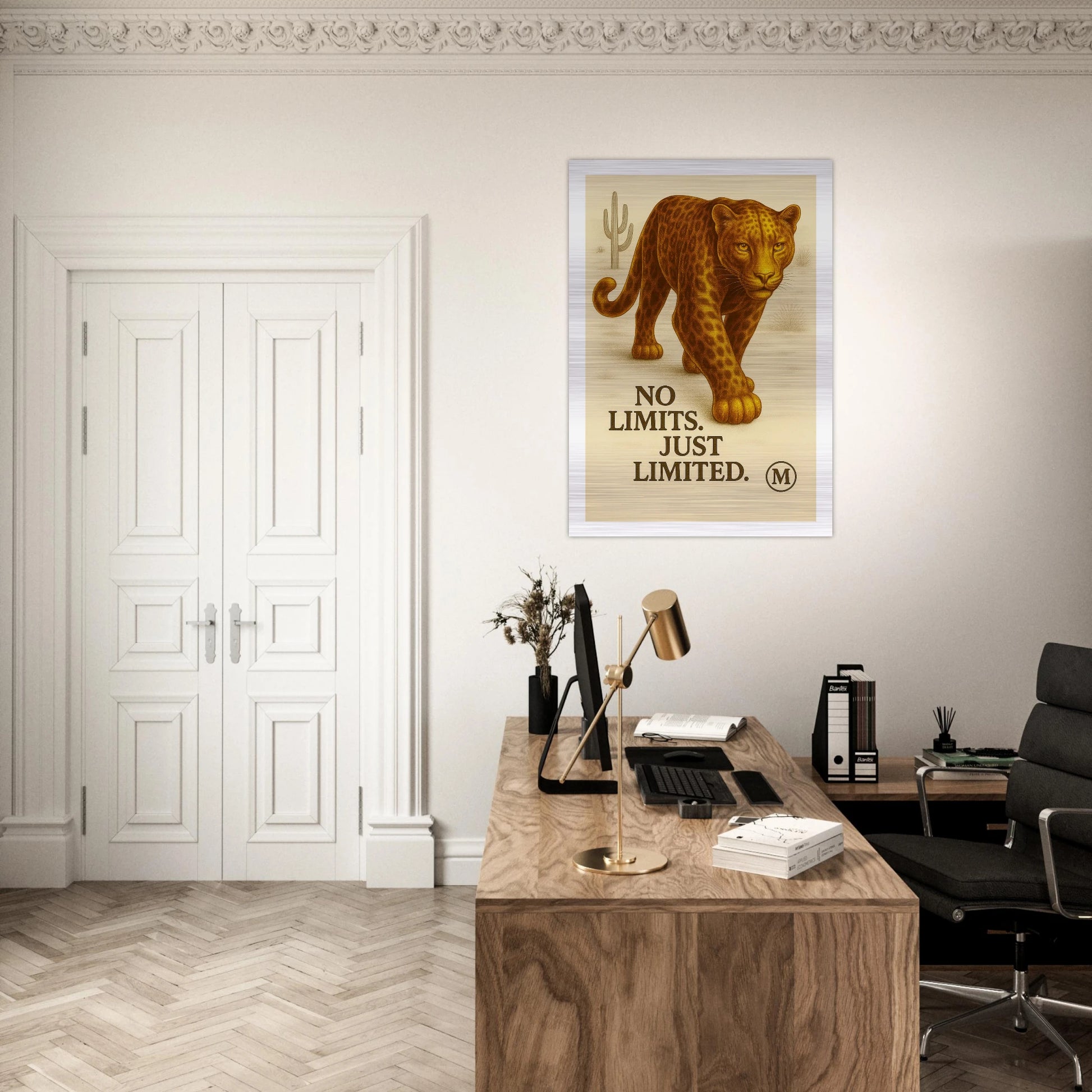 Trendy Golden panther walking through muted desert - quote wild focused fabulous from MATCH collection Panther brushed aluminum