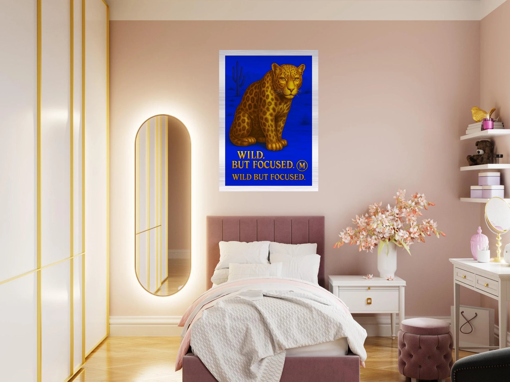 Fierce gold panther poster with the quote wild but focused with edges. Stylish wall art from Match Wall Art brushed aluminum