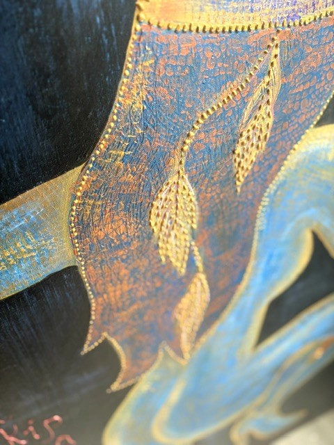 Shining figurative painting, female silhouette art, bold canvas artwork, textured contemporary painting