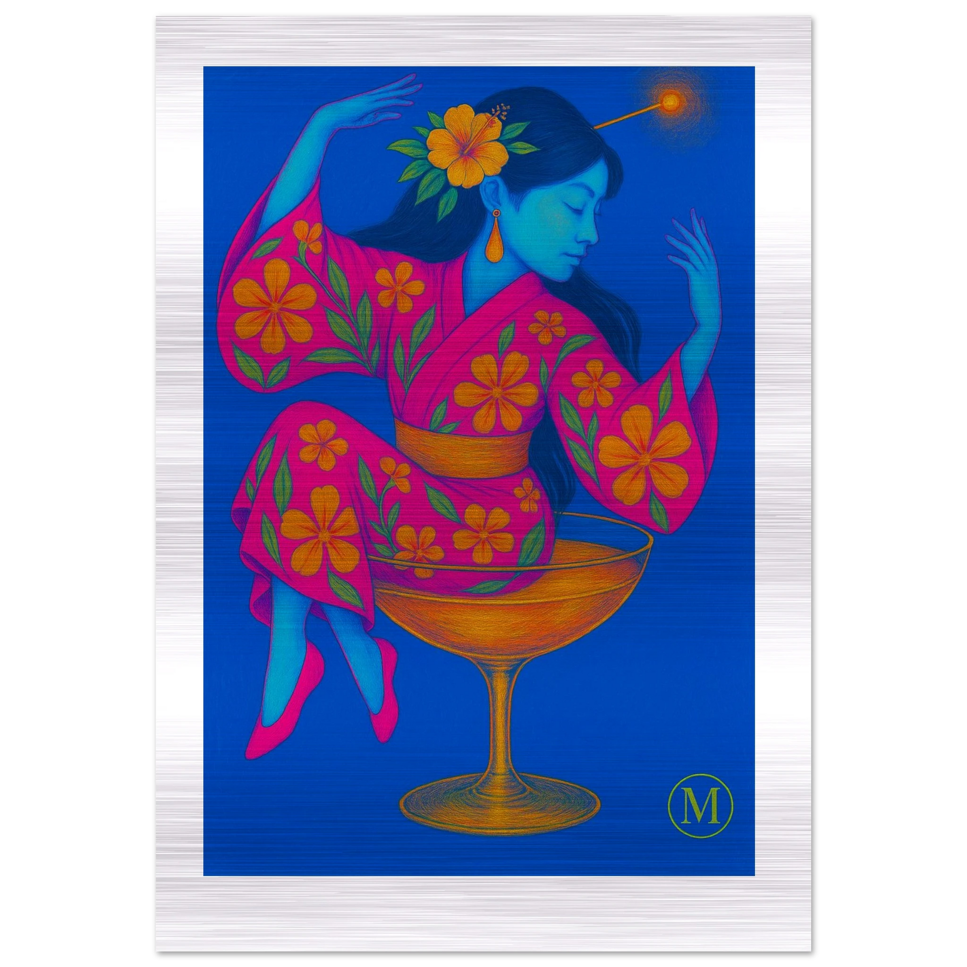 Vibrant Geisha illustration in a neon floral kimono against a hot blue background, printed on brushed aluminum for eye-catching wall decor