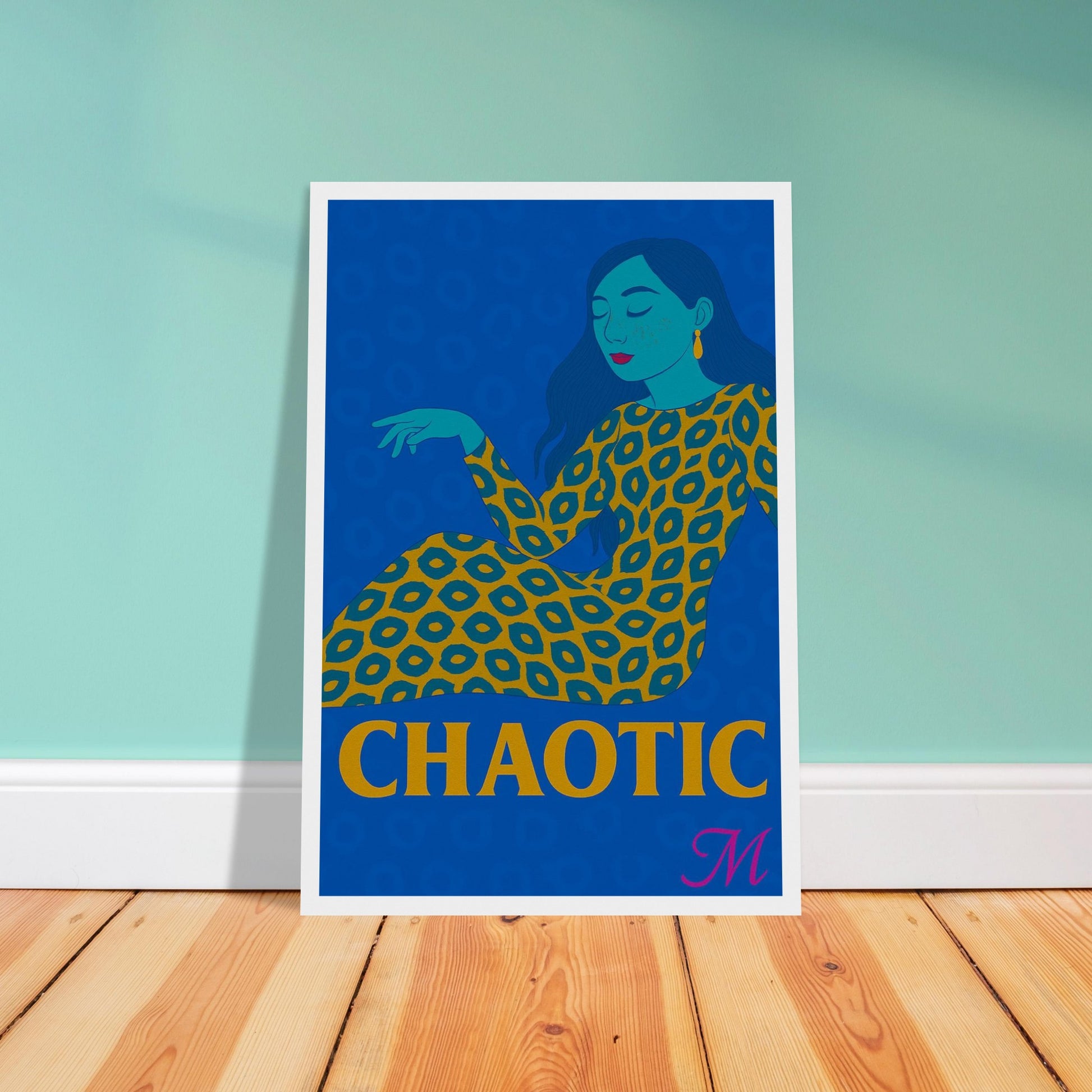 Minimalist poster of a seated blue woman with closed eyes in gold leopard print dress, captioned ‘Chaotic’ in gold letters