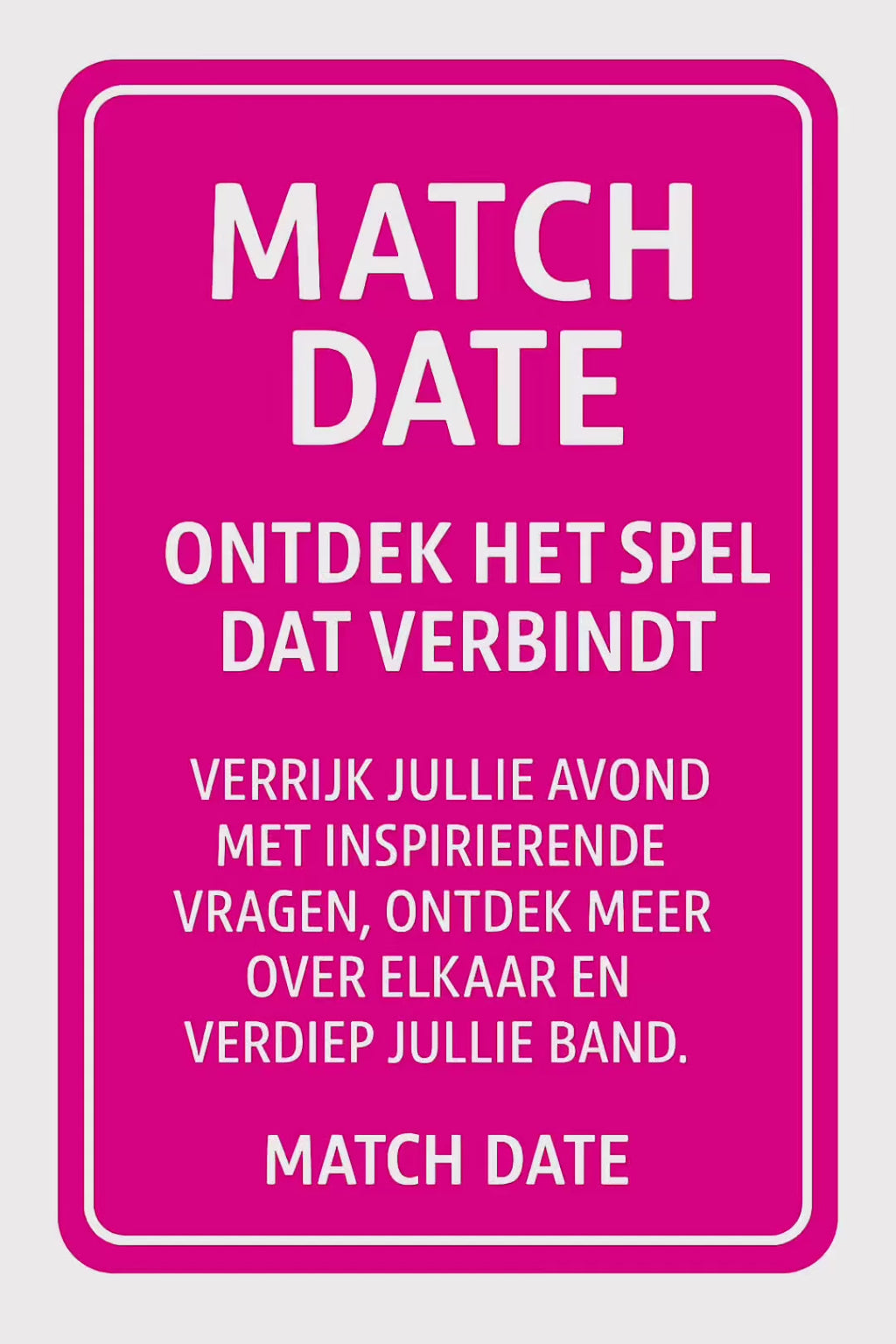 Introductiekaart van het Match Date spel – kleurrijke printbare vragenkaart voor koppels, ideaal voor diepgaande gesprekken en romantische date nights thuis.