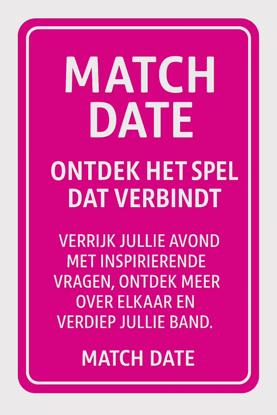 Introductiekaart van het Match Date spel – kleurrijke printbare vragenkaart voor koppels, ideaal voor diepgaande gesprekken en romantische date nights thuis.