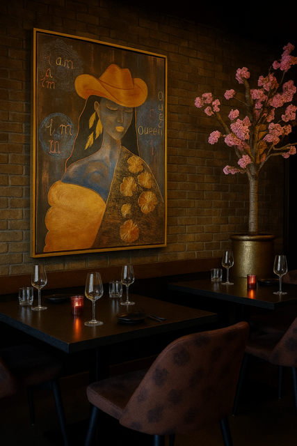 A modern artwork celebrating feminine strength and identity haning in restaurant