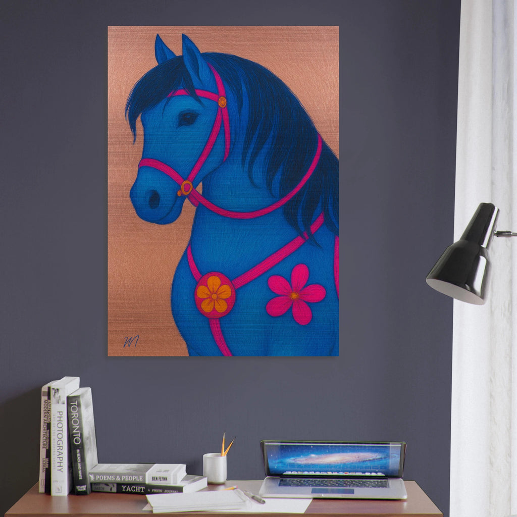 Elegant rose gold horse brushed aluminum wall art -blue wall-luxury metal print by MATCH Wall Art