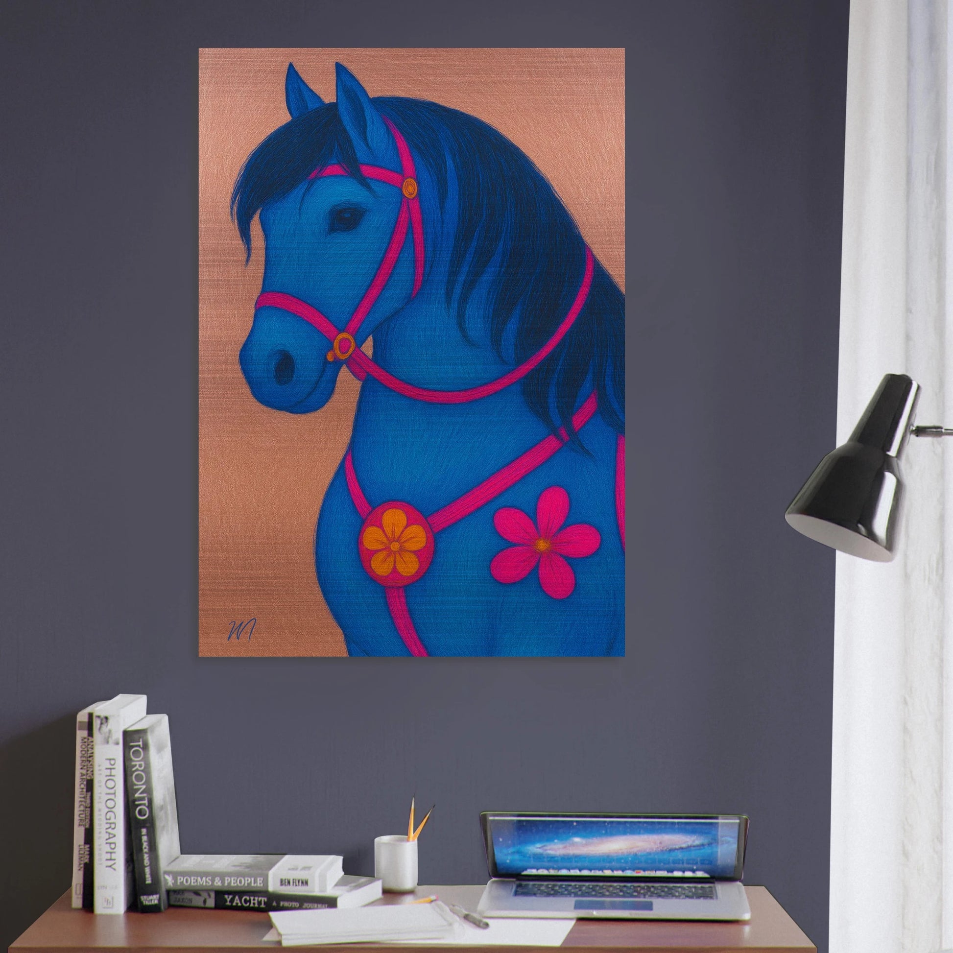 Elegant rose gold horse brushed aluminum wall art -blue wall-luxury metal print by MATCH Wall Art