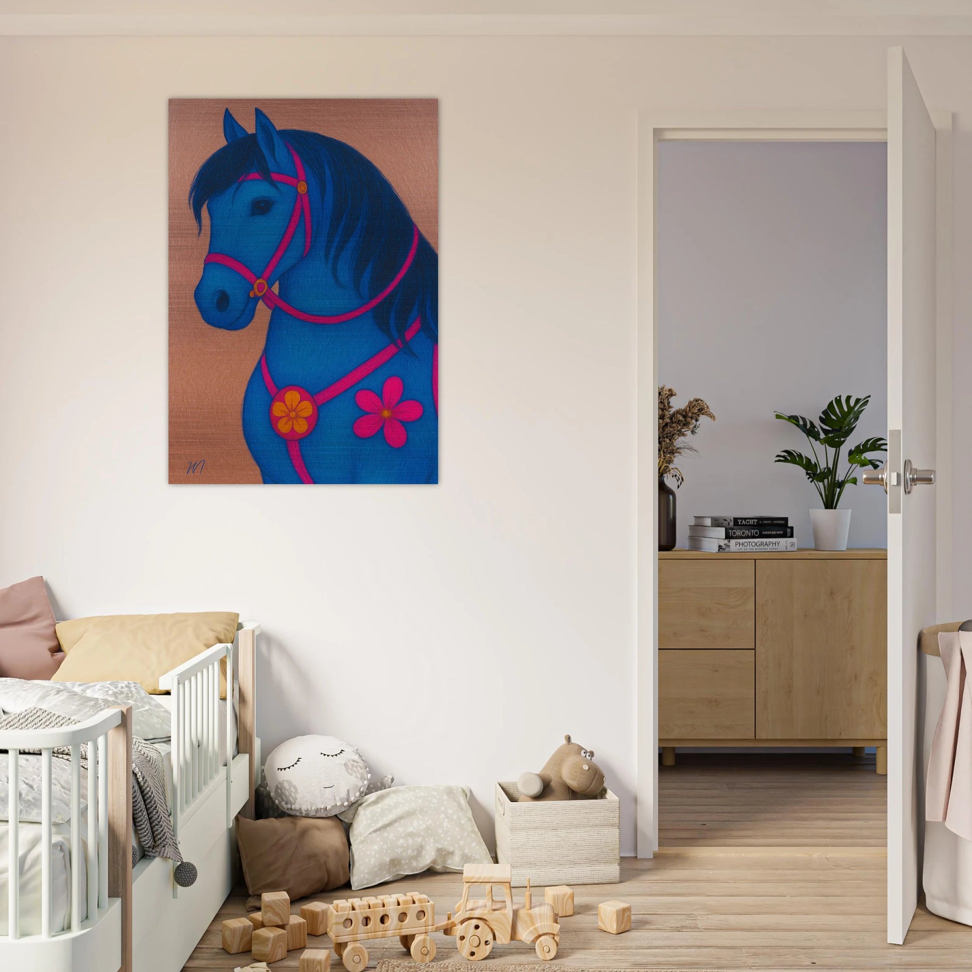 Elegant rose gold horse brushed aluminum wall art -inspired -in kids room luxury metal print by MATCH Wall Art