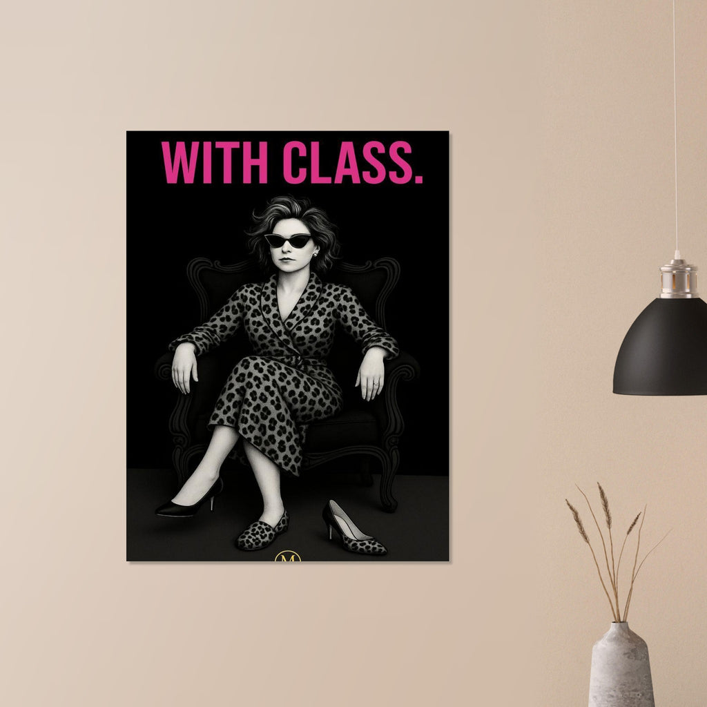 poster of a woman sitting in a chair with panther slipper and glasses on