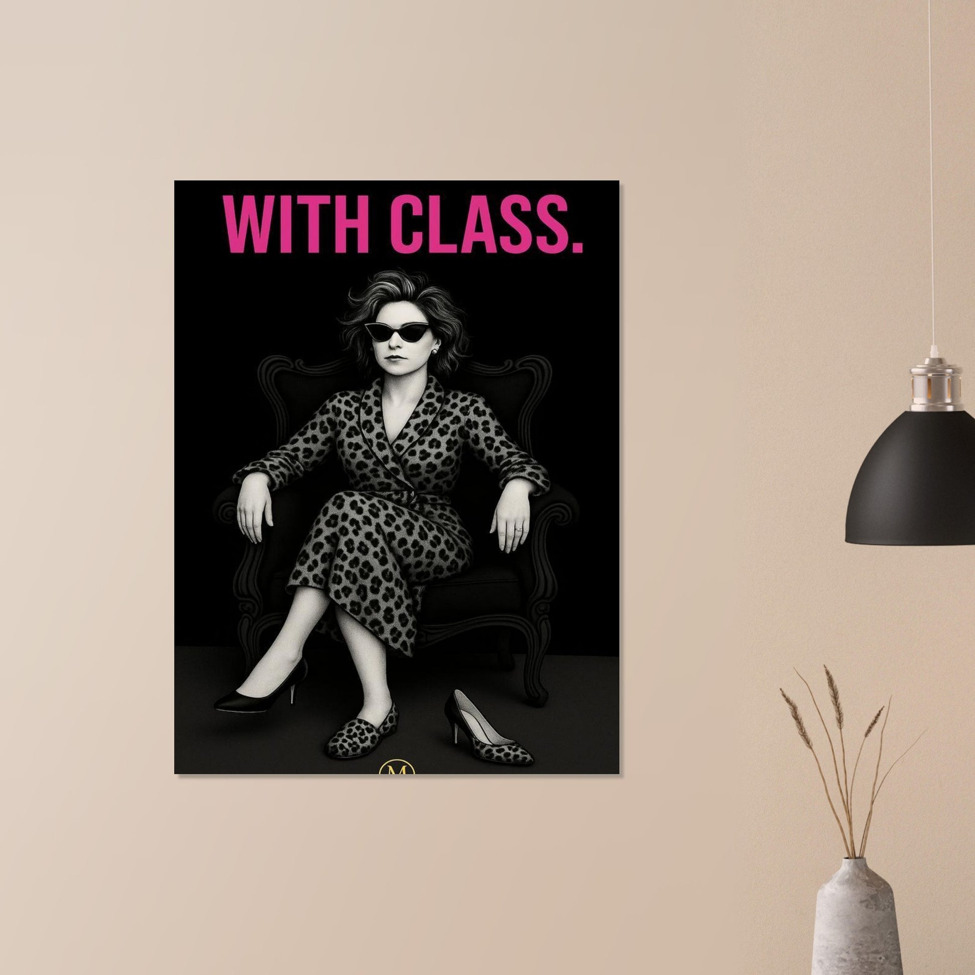poster of a woman sitting in a chair with panther slipper and glasses on