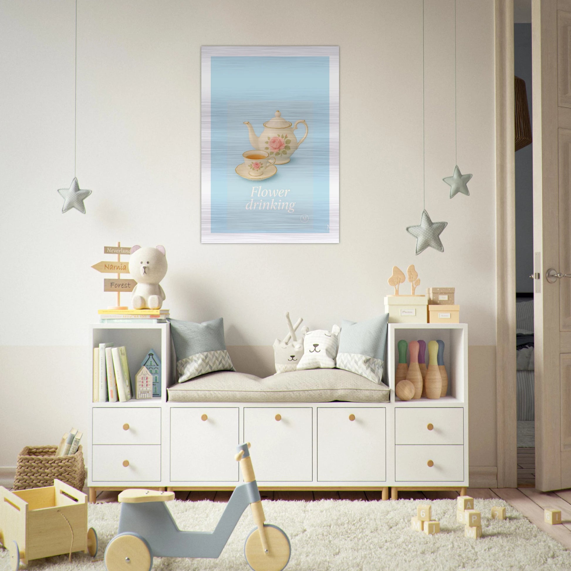 Stylish vintage illustration of a teapot and cups with floral design in kids room