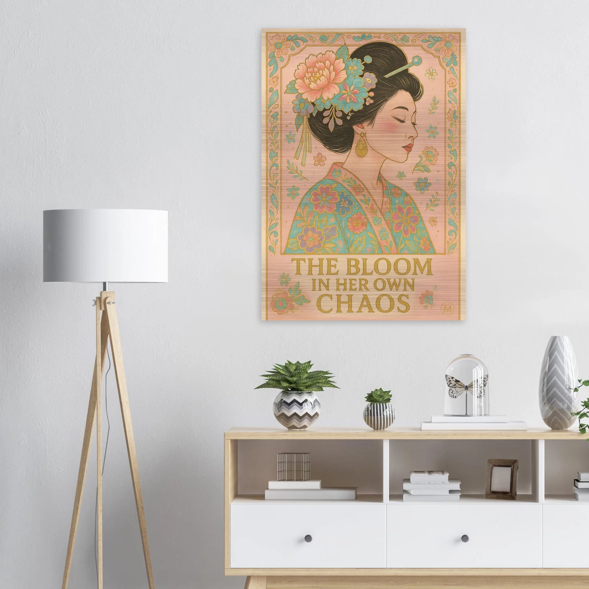 the Bloom in Her Own Chaos – Green Kimono Aluminum Poster
Artistic Geisha wall art in a green floral kimono with gold accents, printed on brushed aluminum, perfect for Japanese-inspired home decor.

