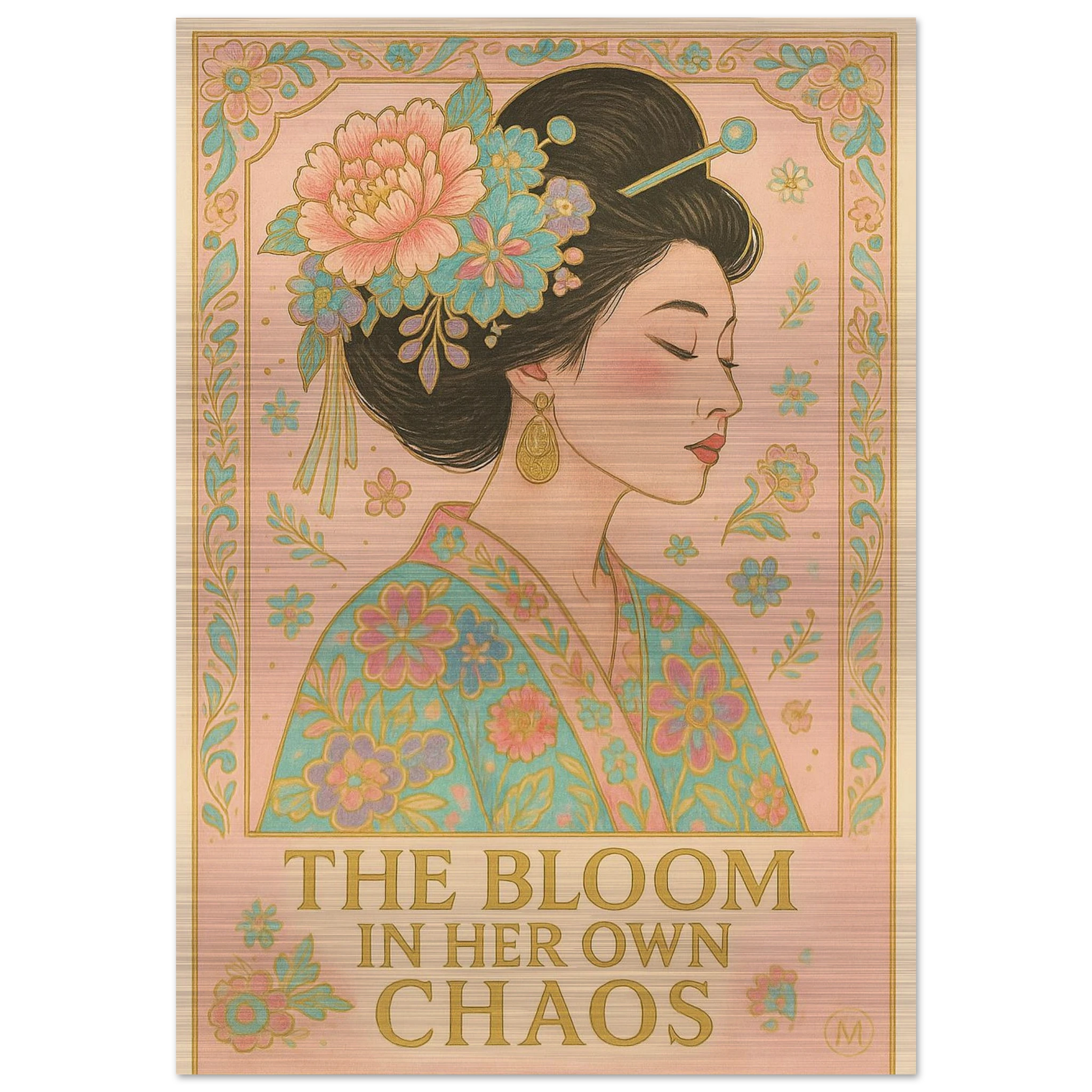 The Bloom in Her Own Chaos – Pastel Metallic Geisha Poster
Colorful pastel and gold metallic Geisha portrait with floral kimono, featuring the text “The Bloom in Her Own Chaos,” printed on aluminum.