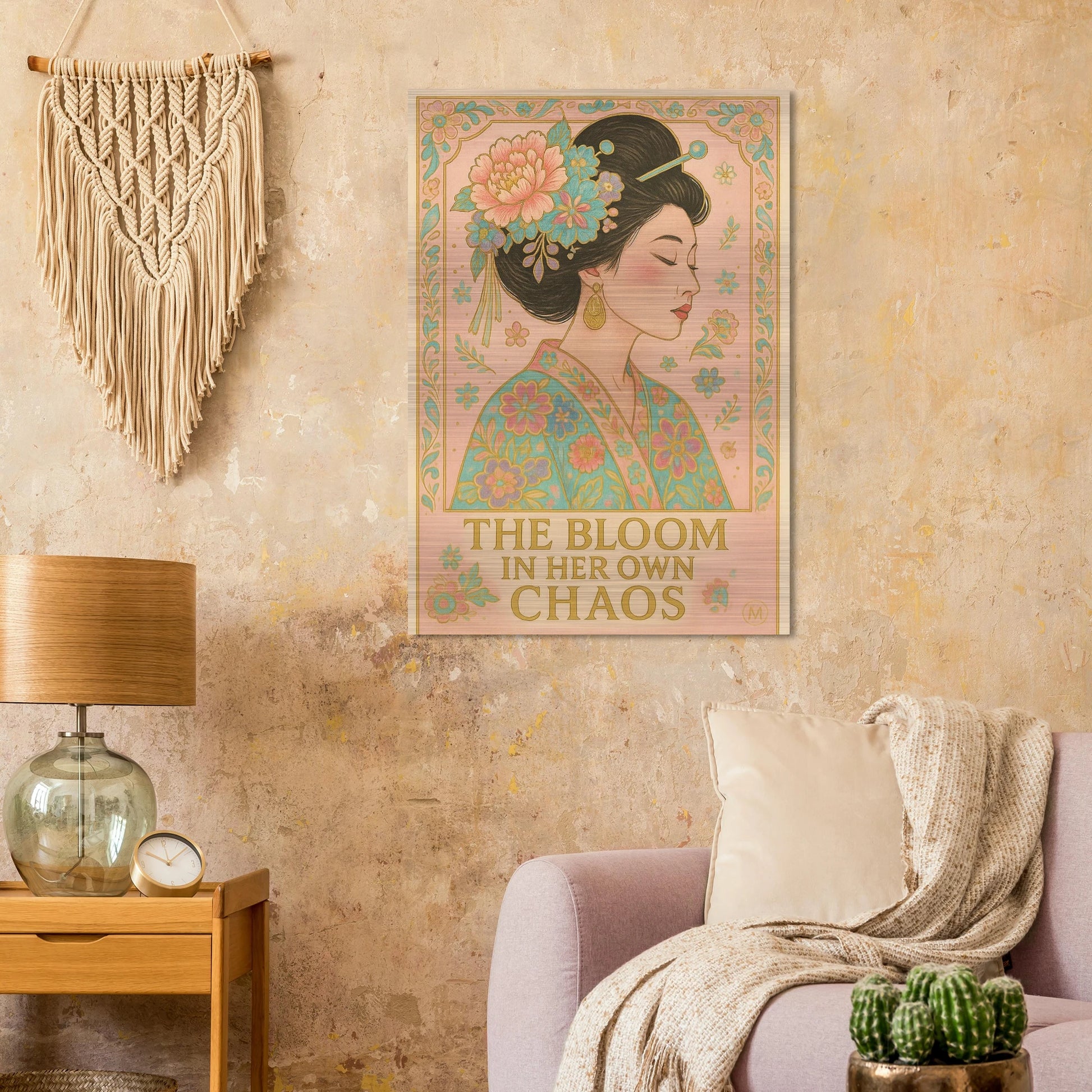 Bloom in Her Own Chaos – Pastel Metallic Geisha Poster
Colorful pastel and gold metallic Geisha portrait with floral kimono