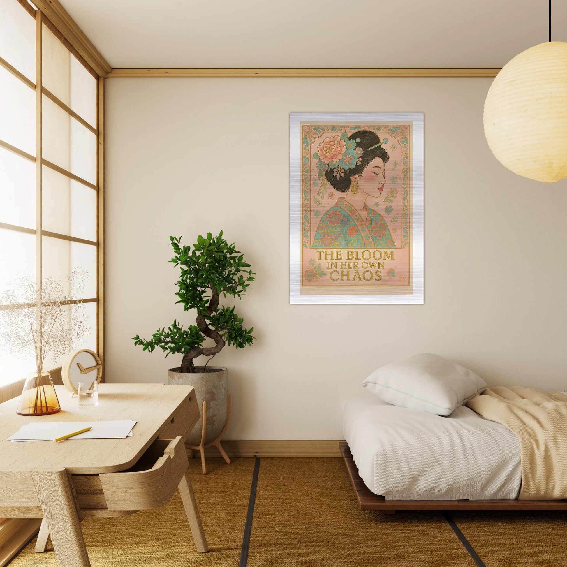 he Bloom in Her Own Chaos – Pastel Metallic Geisha Poster
Colorful pastel and gold metallic Geisha portrait with floral kimono, featuring the text “The Bloom in Her Own Chaos,” printed on brushed aluminum.