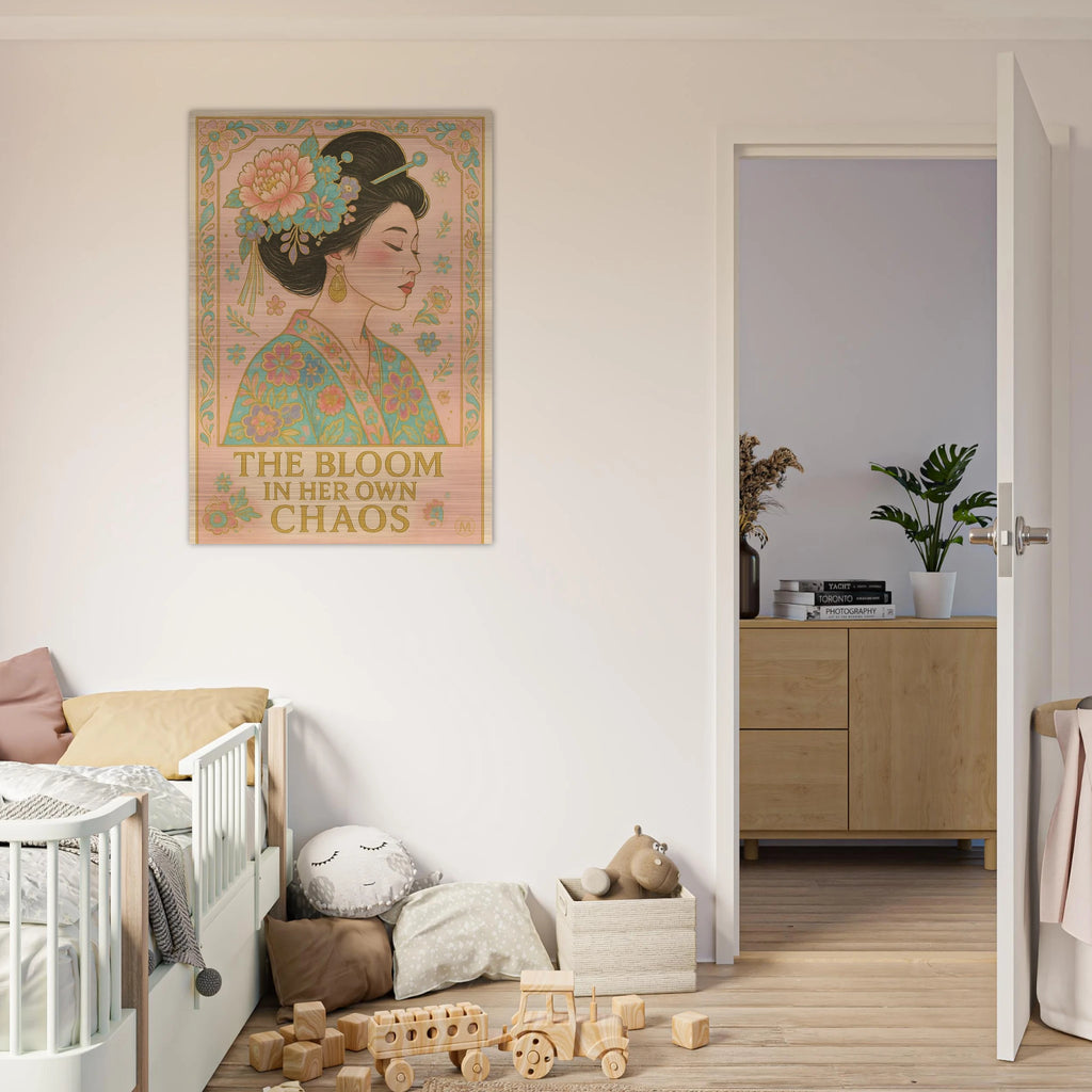 Alumimum Metallic Geisha Poster
Colorful pastel and gold metallic Geisha portrait with floral kimono in kids room