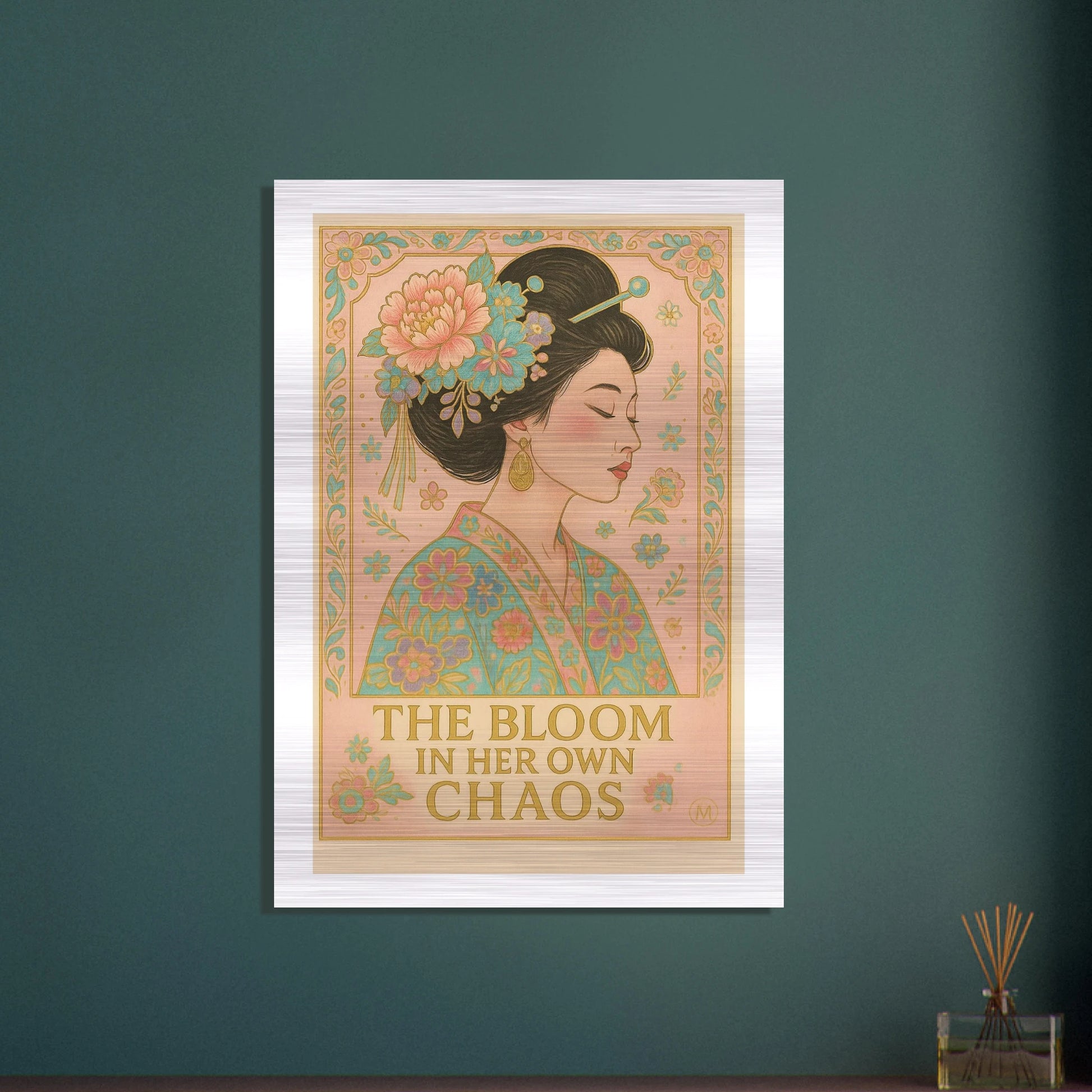 Geisha Poster
Colorful pastel and gold metallic Geisha portrait with floral kimono, featuring the text “The Bloom in Her Own Chaos,” printed on brushed aluminum.