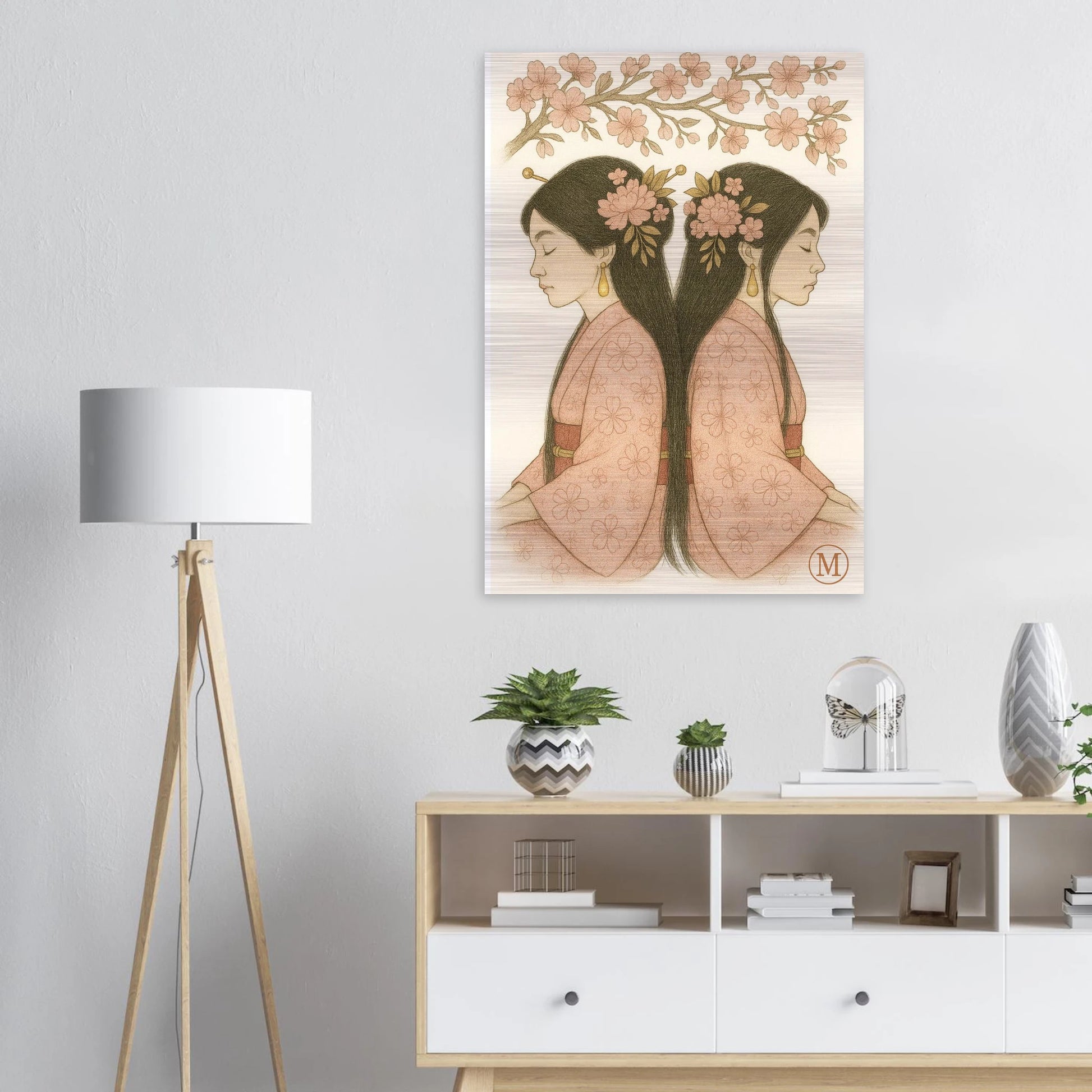 Bold Feminine poster of twin geisha above dressoir