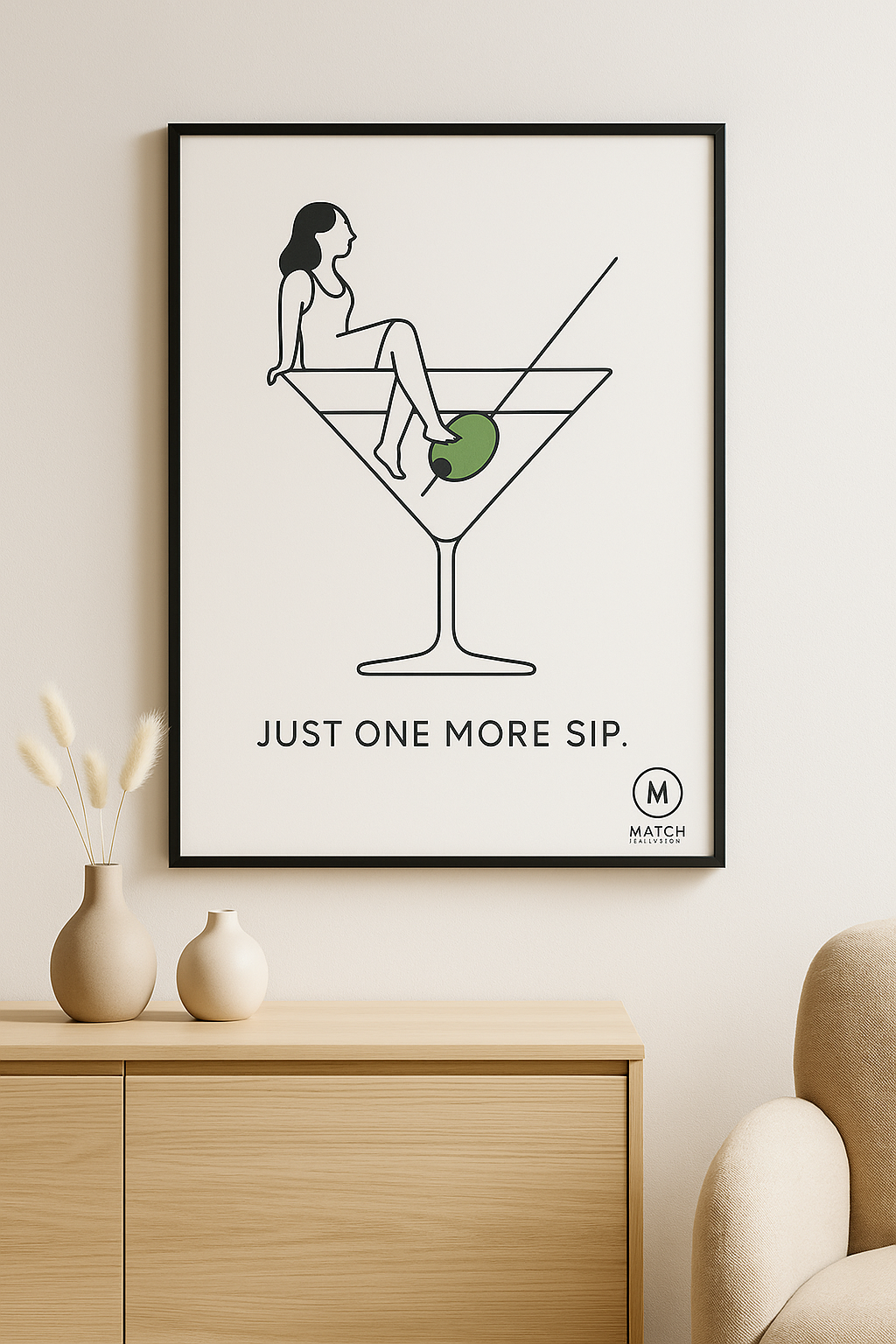 Minimalist wall art print with coffee quote 'Just one more sip. Less is more' in modern typography, digital download, printable kitchen decor