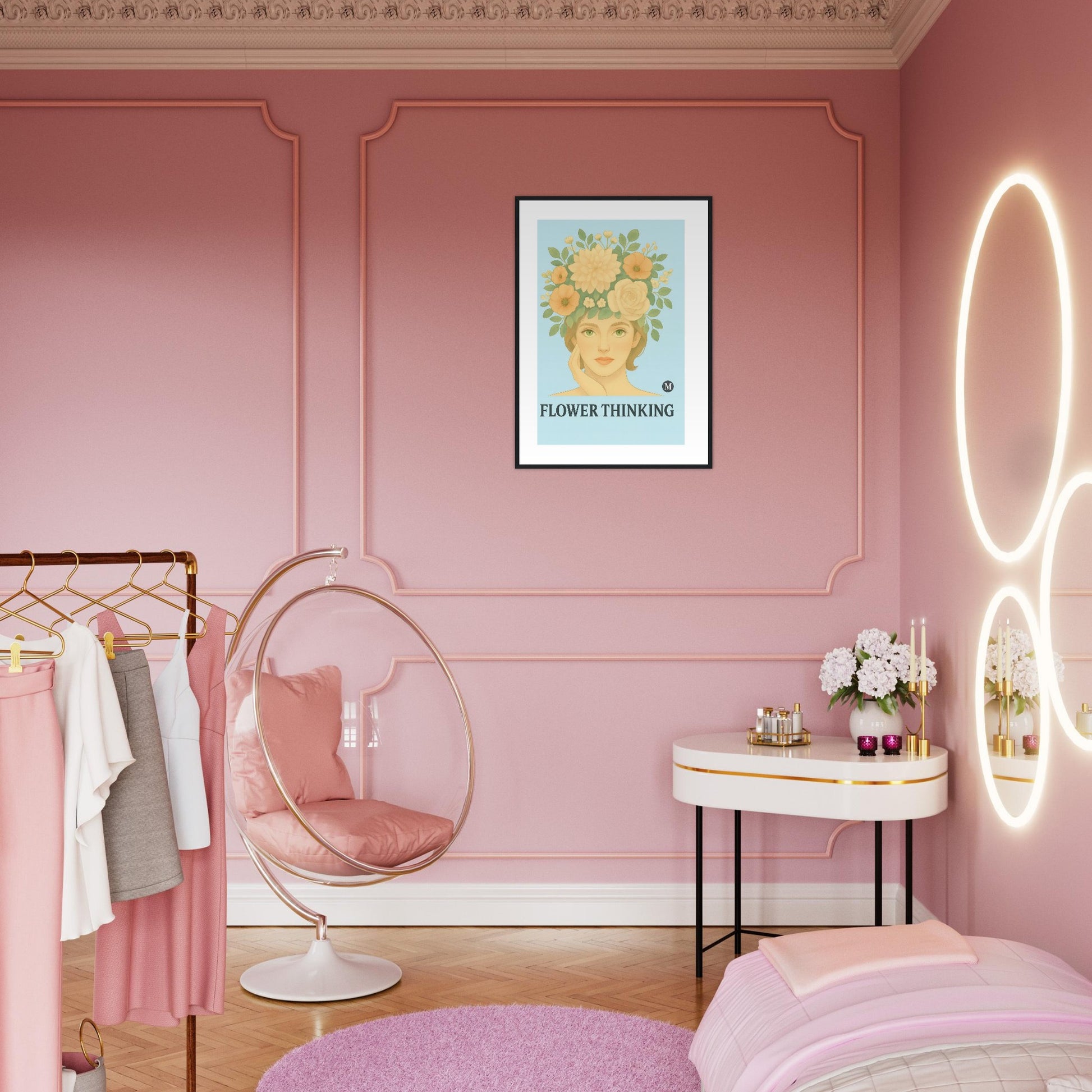 flower thinink framed poster blue in pink room vintage