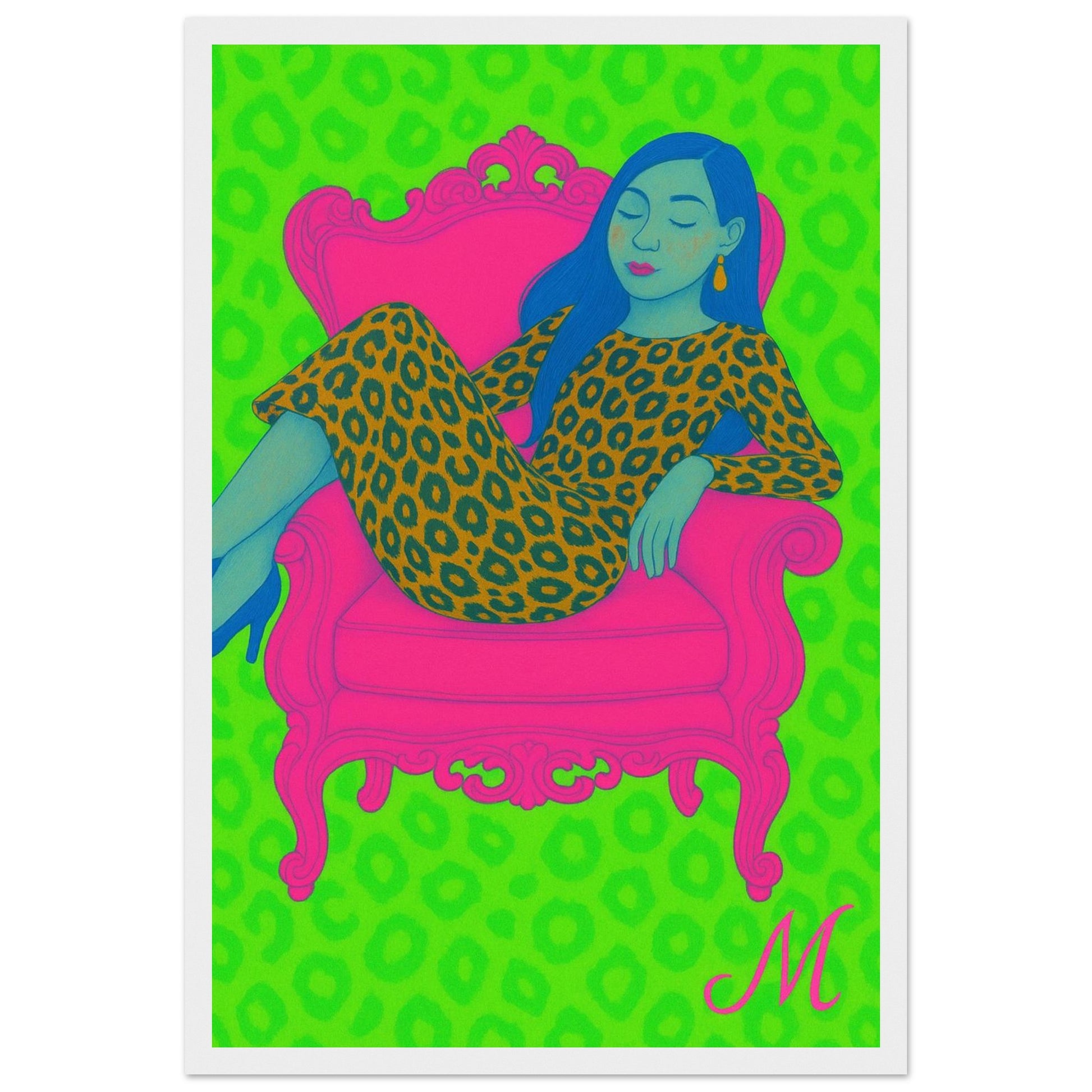 Ilustrated woman in a golden leopard dress on a green background with the quote Too wild to tame. bold modern wall art bu match wall art