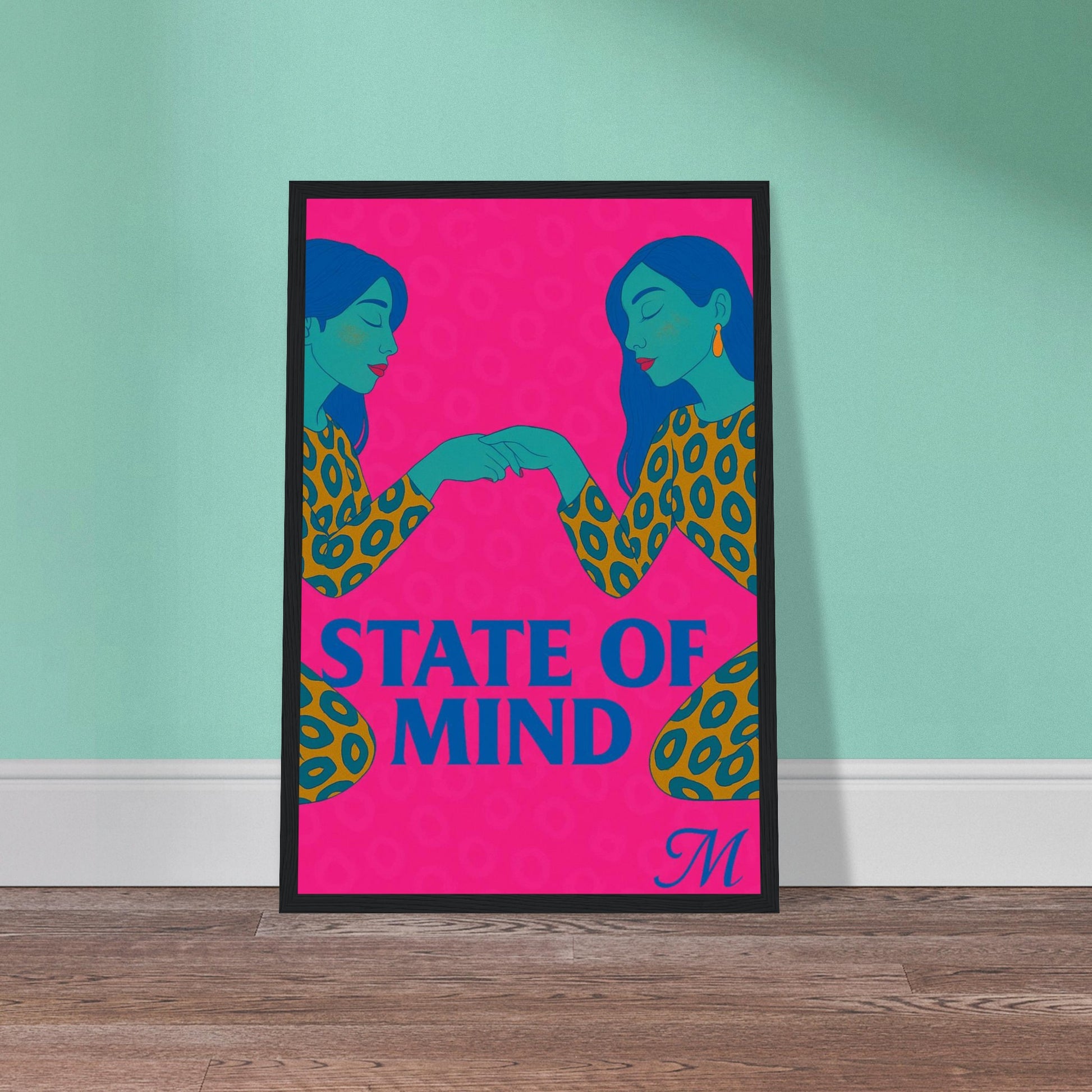 Ilustrated woman in a golden leopard dress and hat on a blue background with the quote state of mind. bold modern wall art bu match wall art