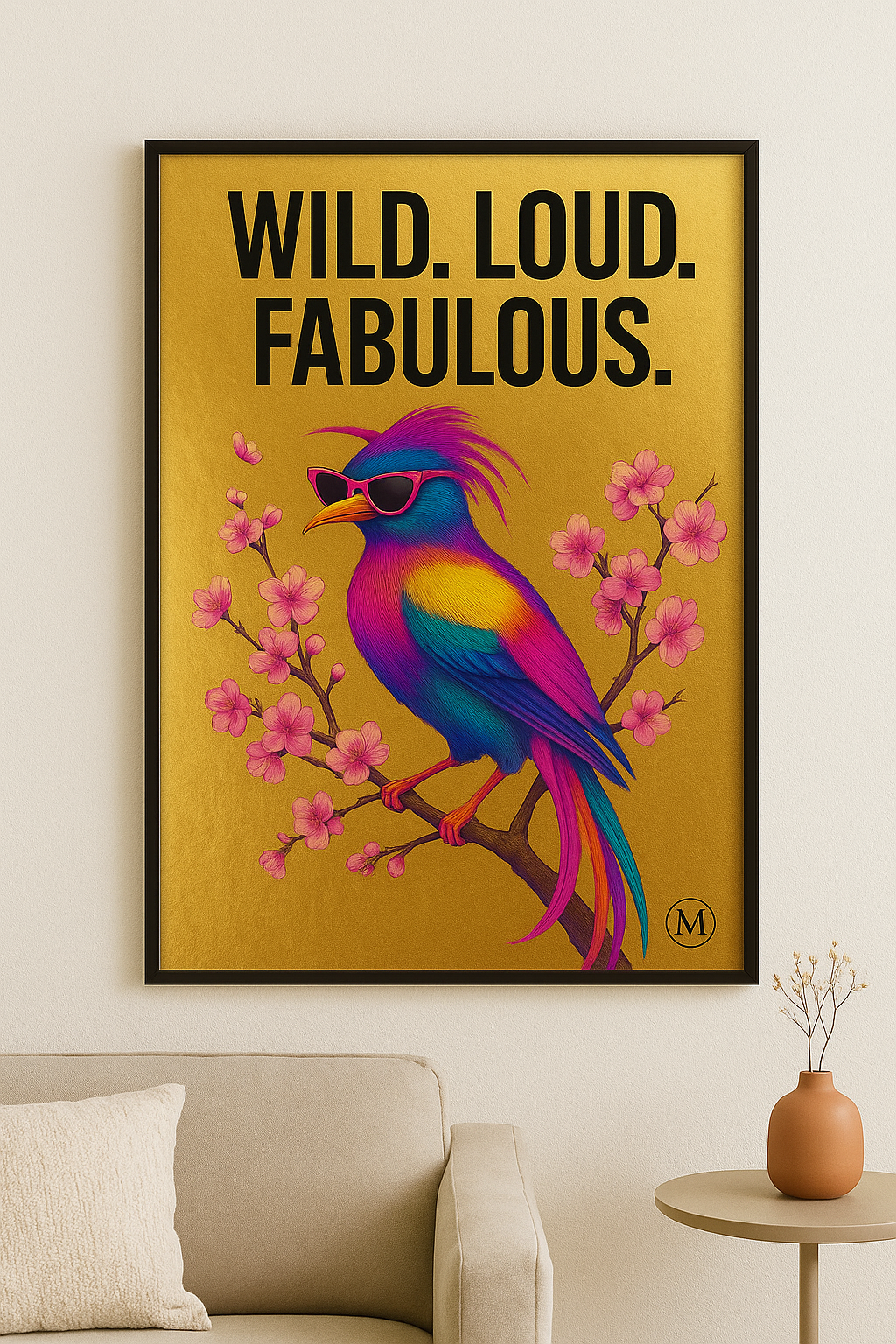 Colorful neon tropical bird with sunglasses on golden background – WILD. LOUD. FABULOUS. – MATCH Animal Poster