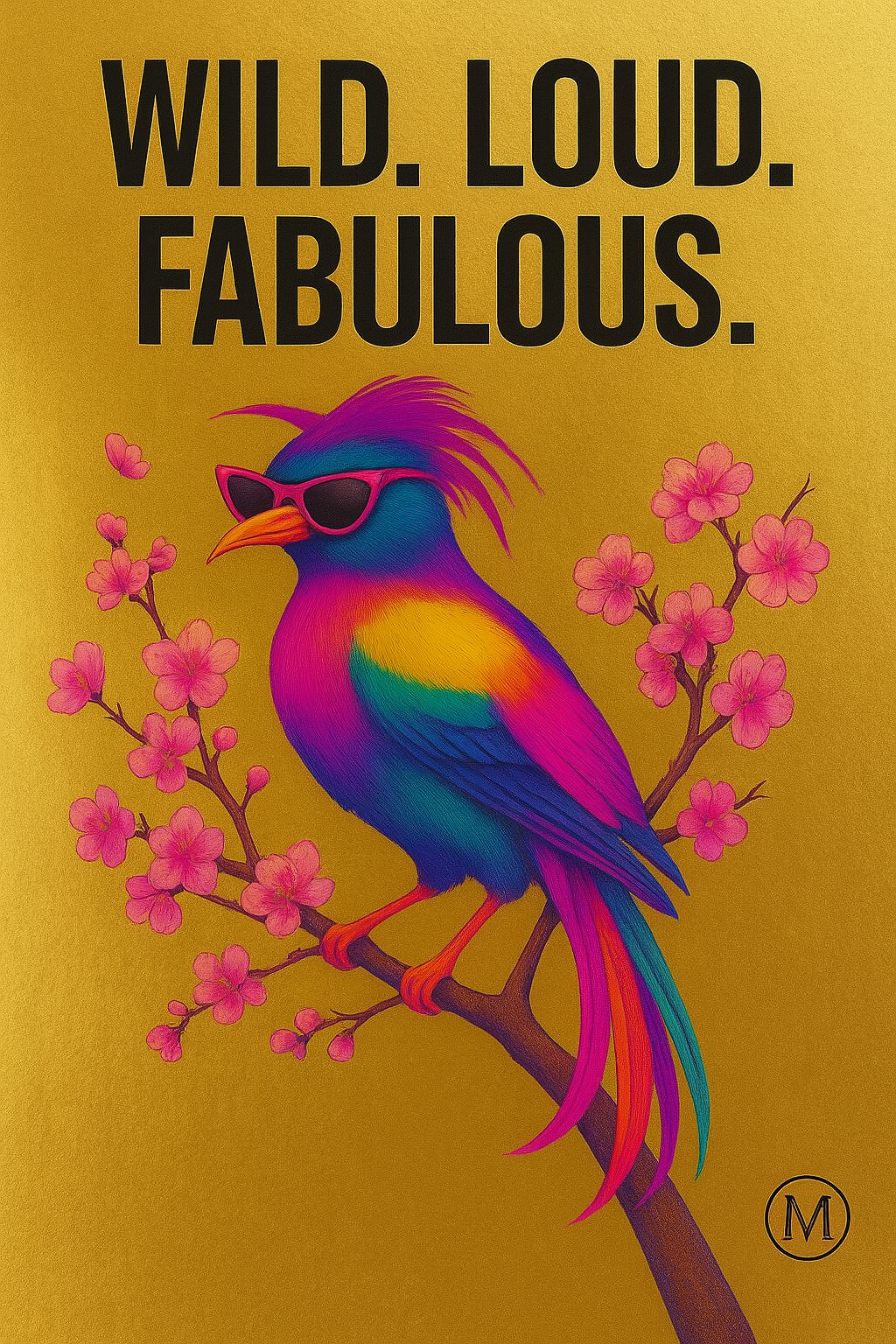 Colorful neon tropical bird with sunglasses on golden background – WILD. LOUD. FABULOUS. – MATCH Animal Poster