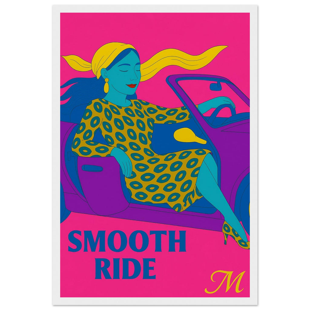 Poster of a blue-skinned woman in gold leopard print with the quote ‘smooth ride’ in bold pink font modern art match wall art