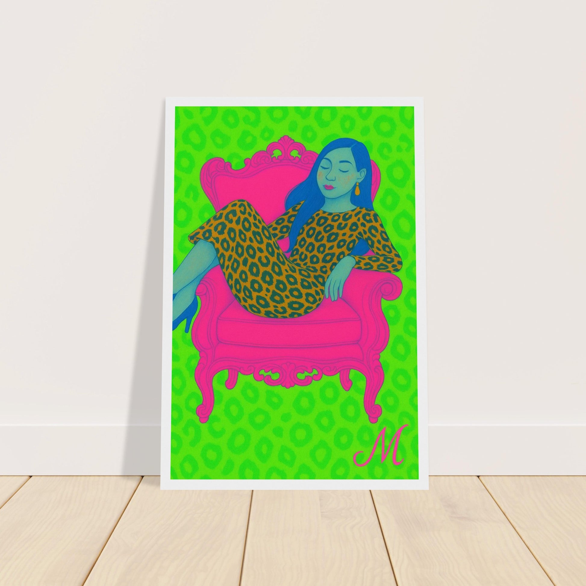 Ilustrated woman in a golden leopard dress and hat on a green background. bold modern wall art bu match wall art